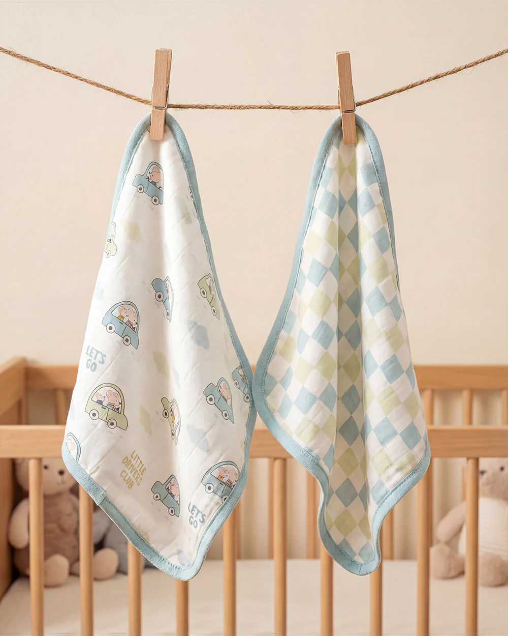 Twingle 100% Organic Muslin Wash Cloths-Soft Terry on the Back for maximum Absorbency-Built In Loop for Everyday Convenience-Driver & Checks Print-Pack of 2-For Infants