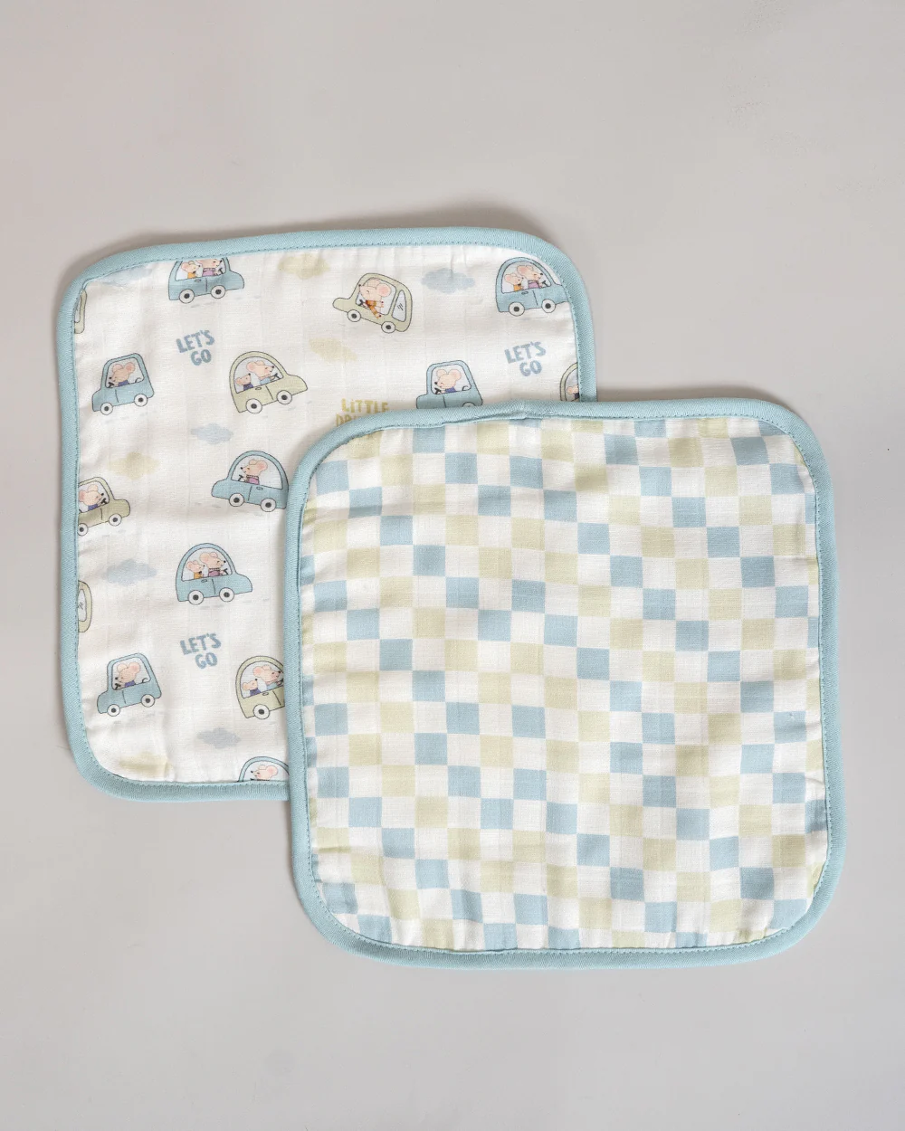 Twingle 100% Organic Muslin Wash Cloths-Soft Terry on the Back for maximum Absorbency-Built In Loop for Everyday Convenience-Driver & Checks Print-Pack of 2-For Infants - Image 2
