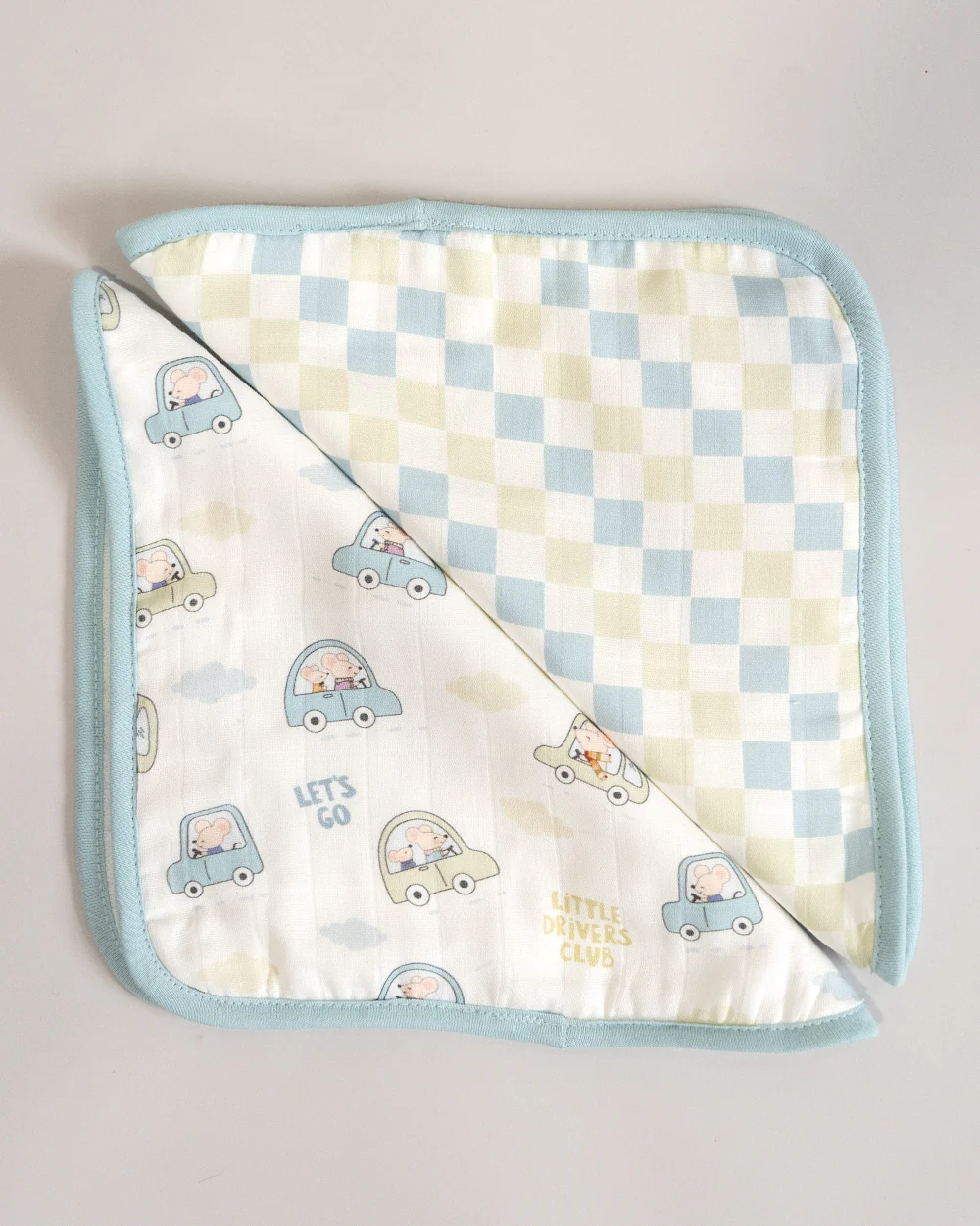 Twingle 100% Organic Muslin Wash Cloths-Soft Terry on the Back for maximum Absorbency-Built In Loop for Everyday Convenience-Driver & Checks Print-Pack of 2-For Infants - Image 3