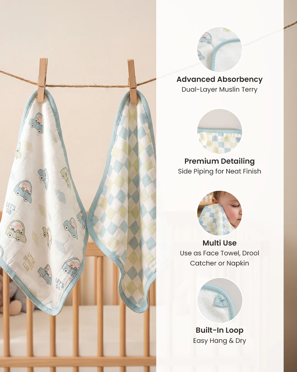 Twingle 100% Organic Muslin Wash Cloths-Soft Terry on the Back for maximum Absorbency-Built In Loop for Everyday Convenience-Driver & Checks Print-Pack of 2-For Infants - Image 6
