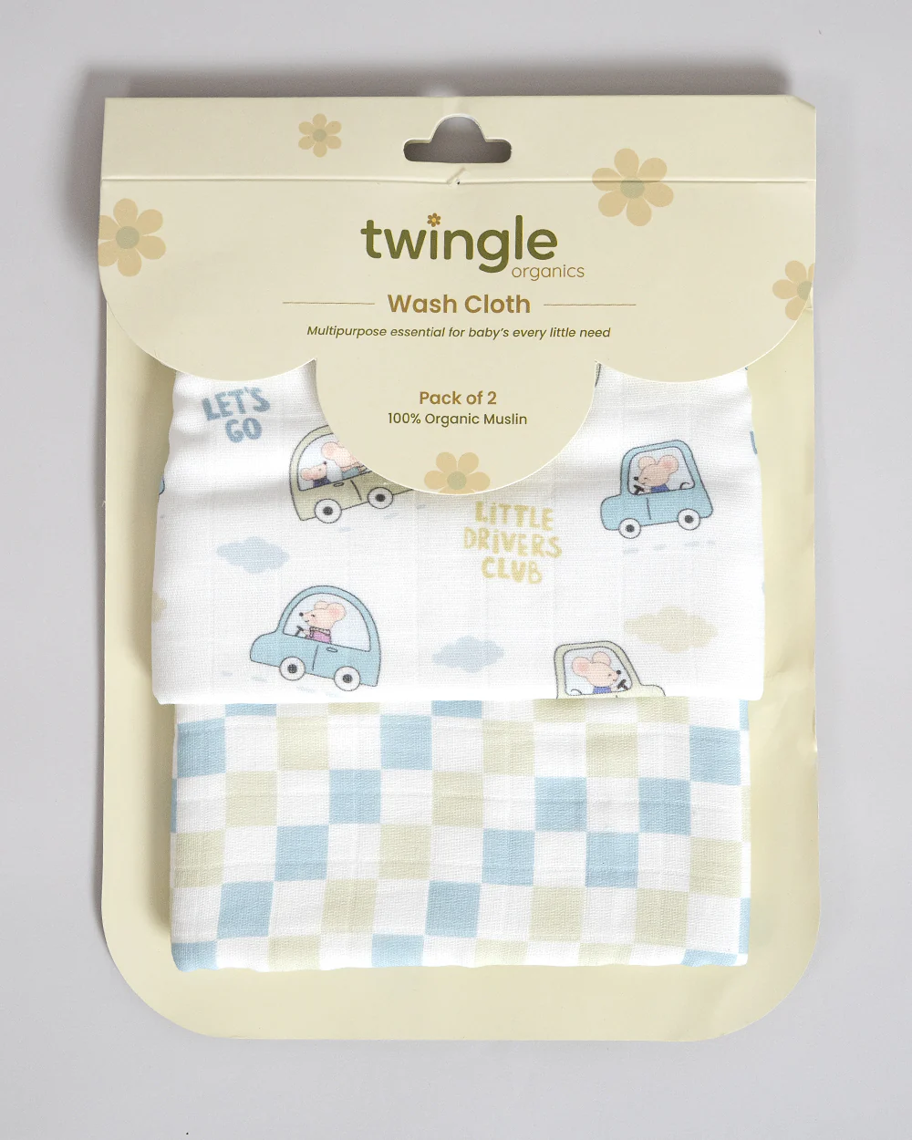 Twingle 100% Organic Muslin Wash Cloths-Soft Terry on the Back for maximum Absorbency-Built In Loop for Everyday Convenience-Driver & Checks Print-Pack of 2-For Infants - Image 8