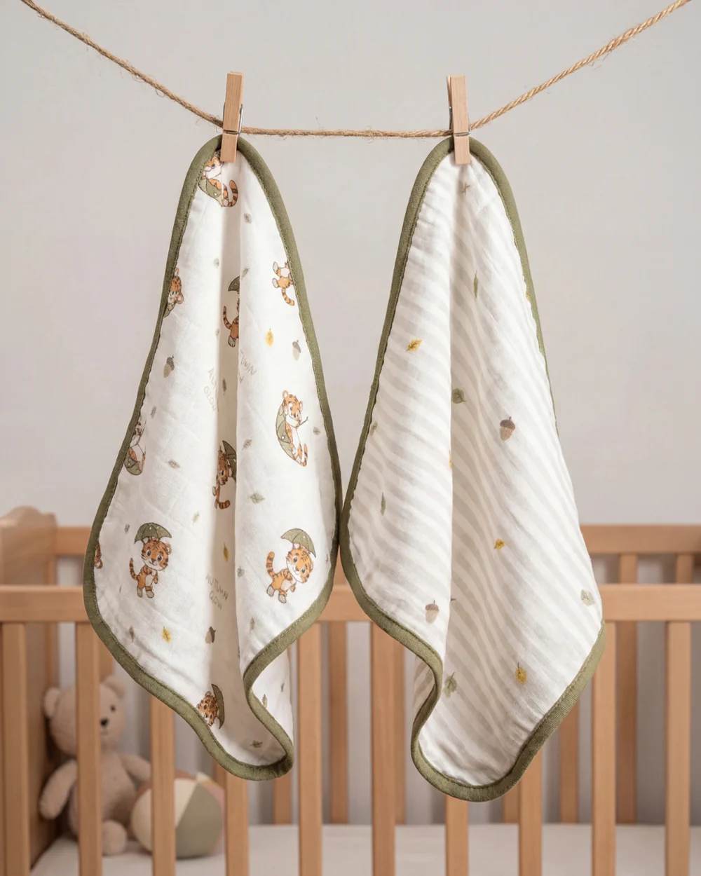 Twingle 100% Organic Muslin Wash Cloths-Soft Terry on the Back for maximum Absorbency-Built In Loop for Everyday Convenience-Roars & Autumn Print-Pack of 2-For Infants