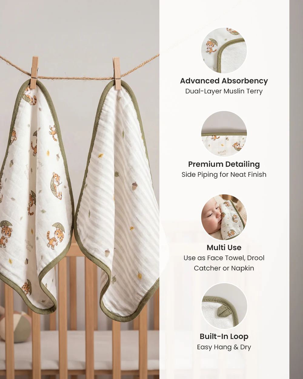 Twingle 100% Organic Muslin Wash Cloths-Soft Terry on the Back for maximum Absorbency-Built In Loop for Everyday Convenience-Roars & Autumn Print-Pack of 2-For Infants - Image 6