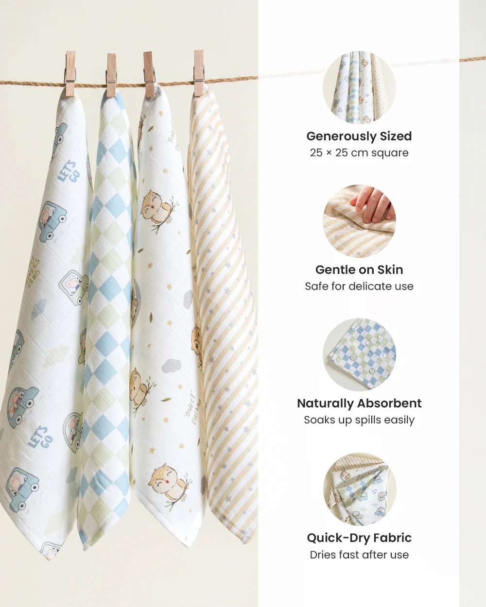 Twingle 100% Organic Muslin Wipes cum Wash Cloth-Naturally Softens With Each Wash-Quick Dry Fabric-Driver-Checks-Owls & Stars Print-Pack of 4-For Infants - Image 3