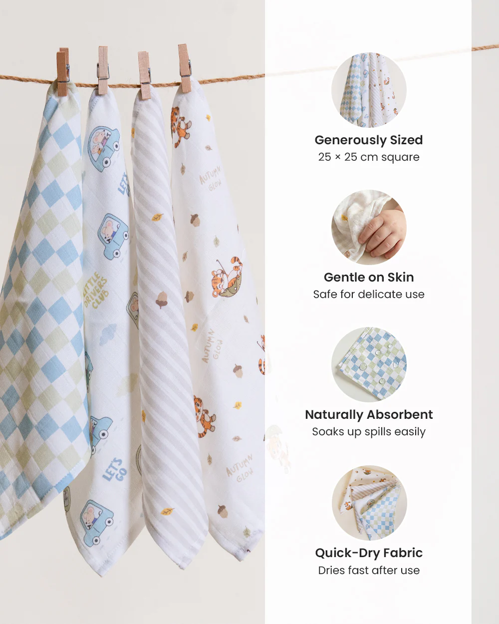 Twingle 100% Organic Muslin Wipes cum Wash Cloth-Naturally Softens With Each Wash-Quick Dry Fabric-Driver-Checks-Roars & Autumn Print-Pack of 4-For Infants - Image 3