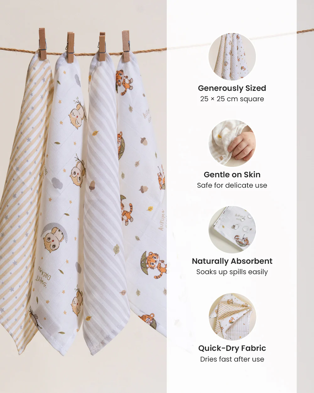 Twingle 100% Organic Muslin Wipes cum Wash Cloth-Naturally Softens With Each Wash-Quick Dry Fabric-Roars-Autumn-Owls & Stars Print-Pack of 4-For Infants - Image 3