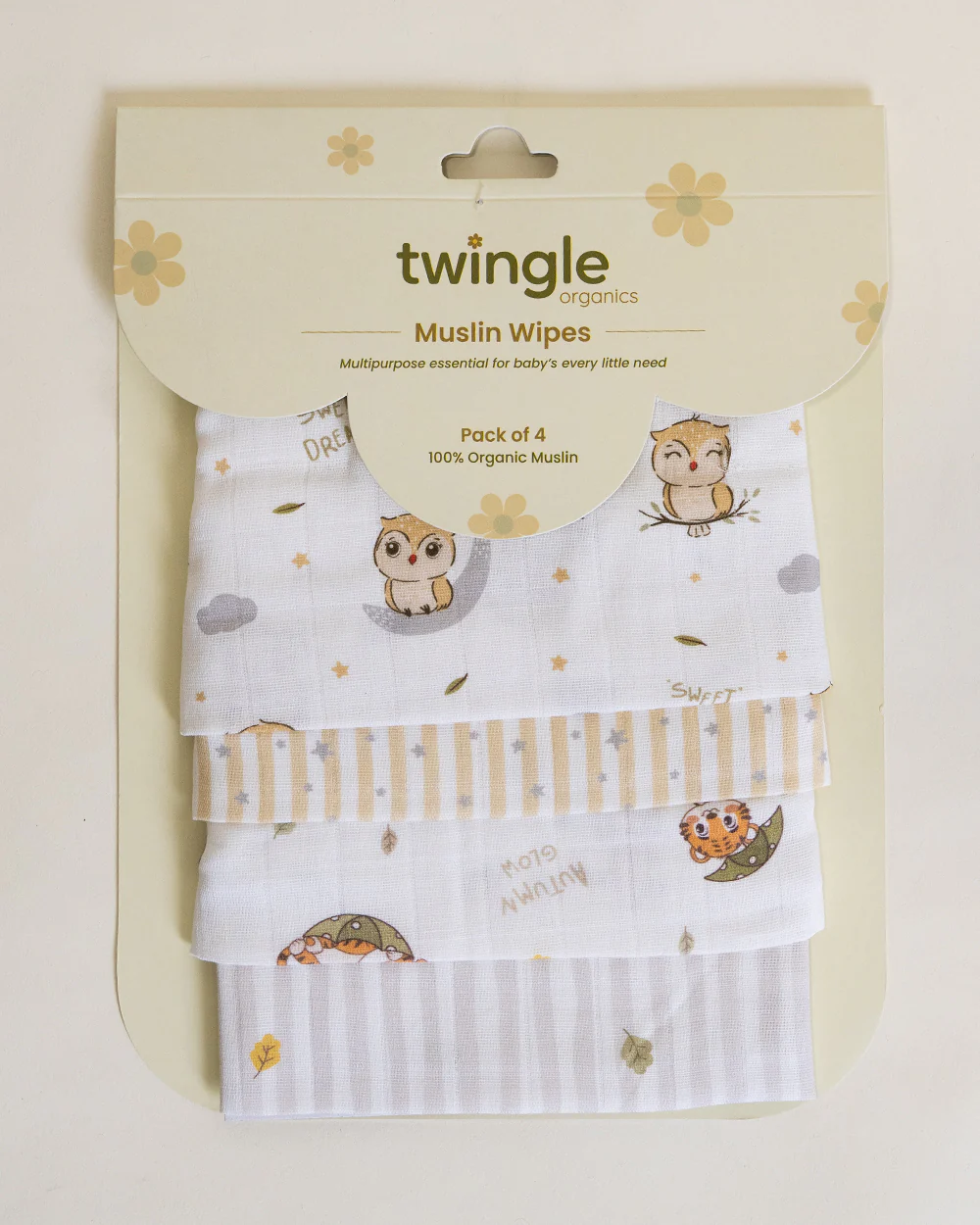 Twingle 100% Organic Muslin Wipes cum Wash Cloth-Naturally Softens With Each Wash-Quick Dry Fabric-Roars-Autumn-Owls & Stars Print-Pack of 4-For Infants - Image 5