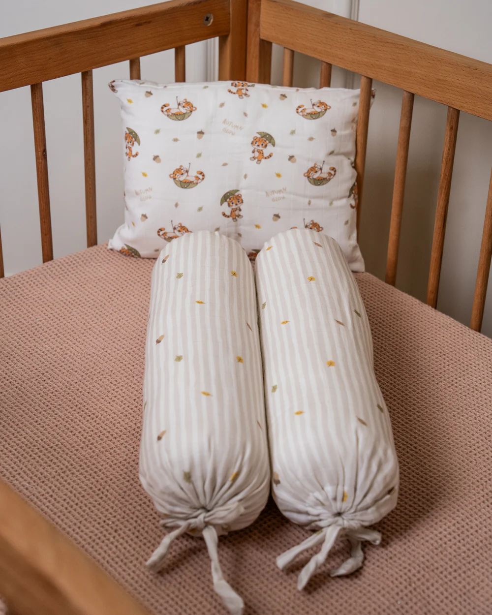 Twingle 100% Organic Muslin Baby Pillow & Bolsters-High Twist Yarn for Lasting Softness-Eco Certified Genesta Inks for Skin-Safe Prints-Cozy Roars & Autumn Vibes Print-White & Grey-Pack of 3-For Infants - Image 3