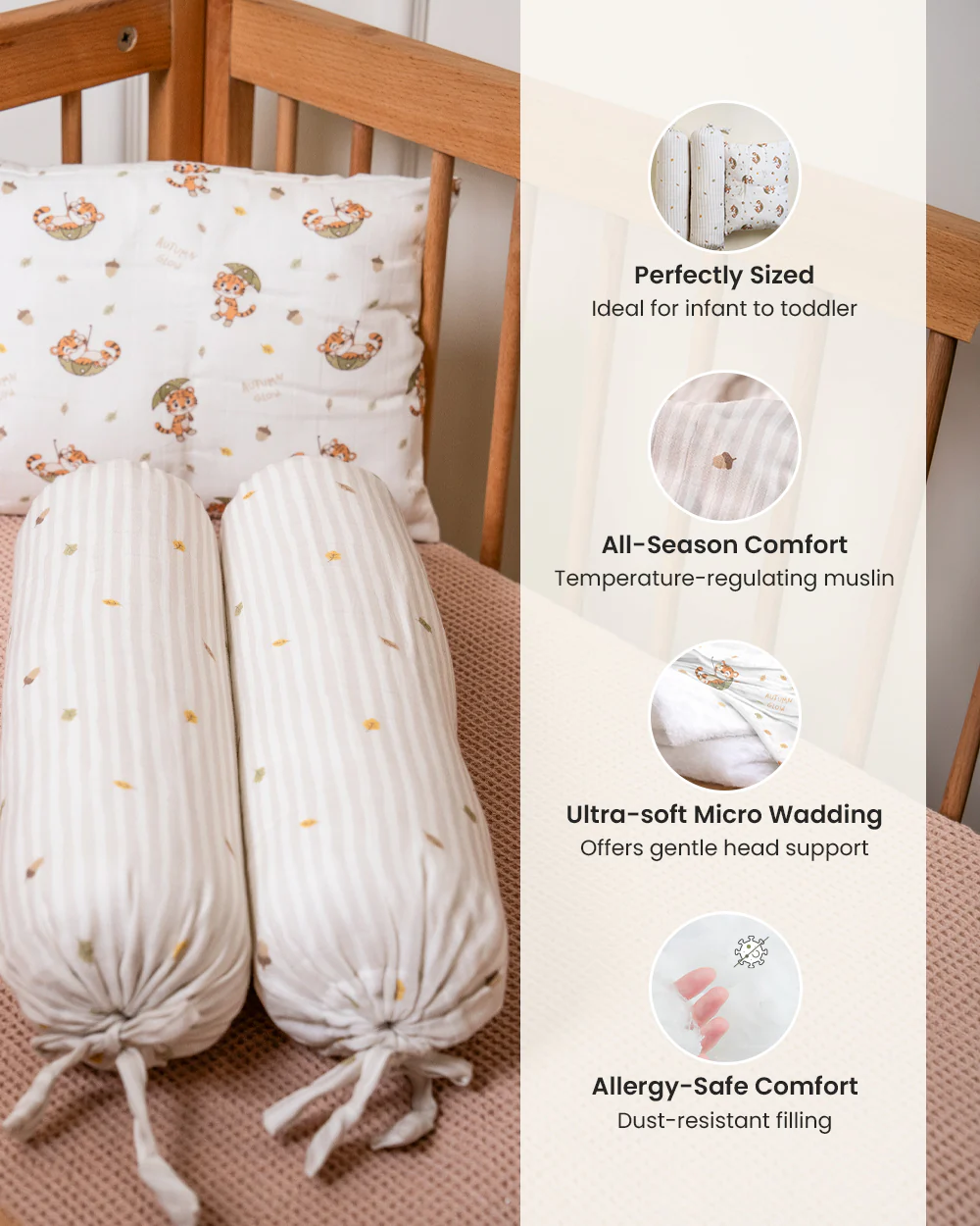 Twingle 100% Organic Muslin Baby Pillow & Bolsters-High Twist Yarn for Lasting Softness-Eco Certified Genesta Inks for Skin-Safe Prints-Cozy Roars & Autumn Vibes Print-White & Grey-Pack of 3-For Infants - Image 5
