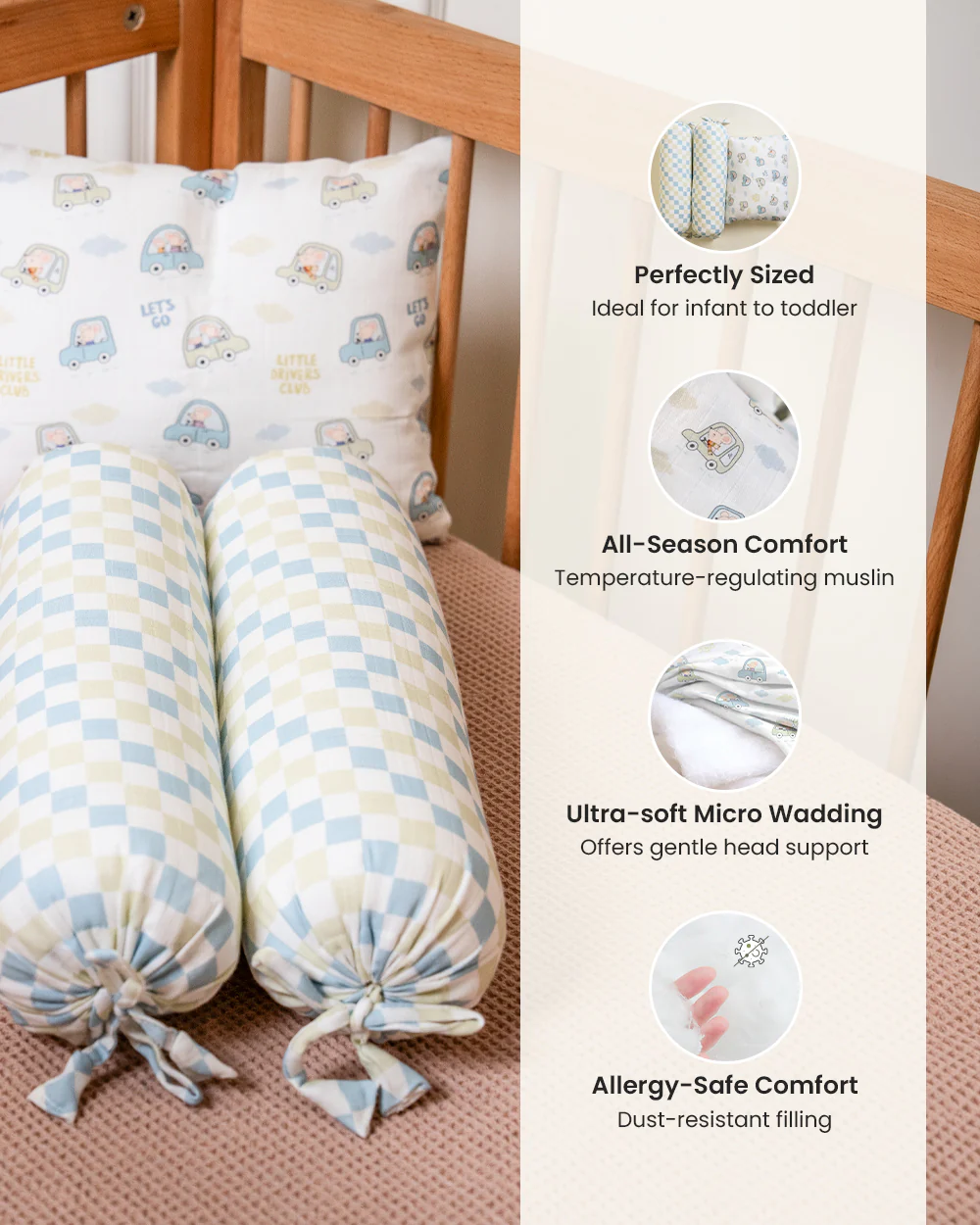 Twingle 100% Organic Muslin Baby Pillow & Bolsters-High Twist Yarn for Lasting Softness-Eco Certified Genesta Inks for Skin-Safe Prints-Little Drivers & Checkered Chaos Print-White & Blue-Pack of 3-For Infants - Image 5