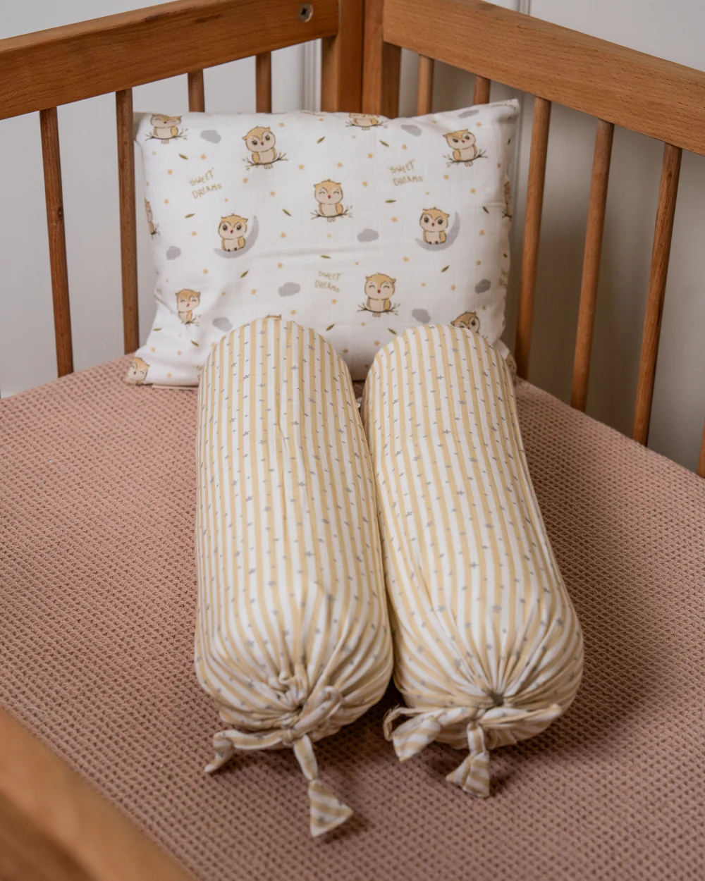 Twingle 100% Organic Muslin Baby Pillow & Bolsters-High Twist Yarn for Lasting Softness-Eco Certified Genesta Inks for Skin-Safe Prints-Sleepy Owls & Starlight Print-White & Beige-Pack of 3-For Infants - Image 3