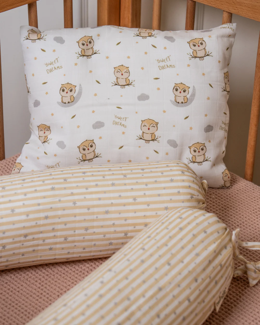 Twingle 100% Organic Muslin Baby Pillow & Bolsters-High Twist Yarn for Lasting Softness-Eco Certified Genesta Inks for Skin-Safe Prints-Sleepy Owls & Starlight Print-White & Beige-Pack of 3-For Infants - Image 4