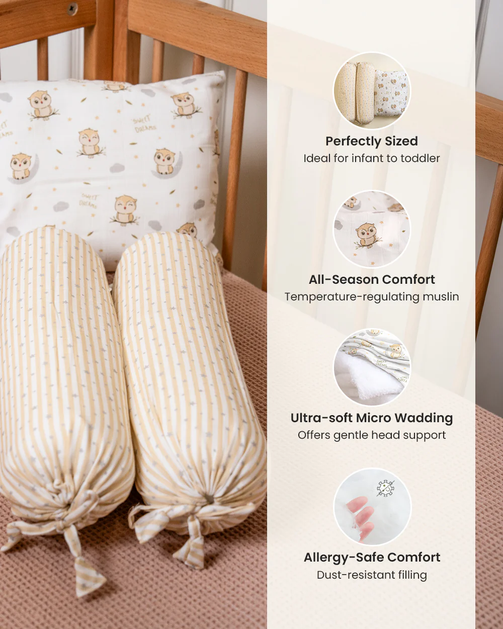 Twingle 100% Organic Muslin Baby Pillow & Bolsters-High Twist Yarn for Lasting Softness-Eco Certified Genesta Inks for Skin-Safe Prints-Sleepy Owls & Starlight Print-White & Beige-Pack of 3-For Infants - Image 5