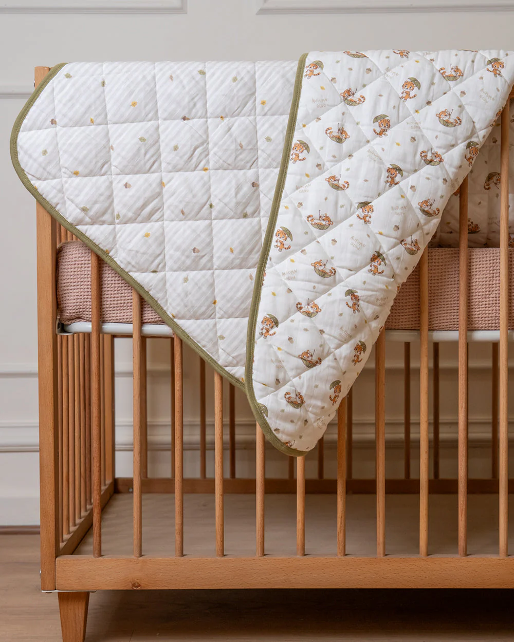 Twingle 100% Organic Muslin Cozy Roars Baby Bedding Set-Pack of 5-Reversible Quilt, All-round Elastic Bedsheet, Pillow & Bolsters-Eco Certified Genesta baby safe Inks-White & Blue-For Infants - Image 3