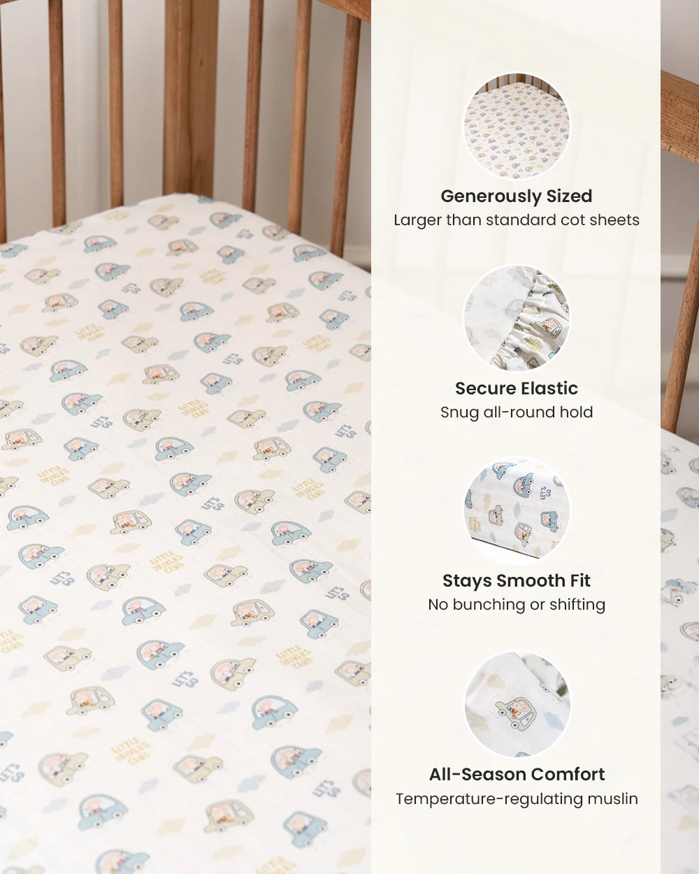 Twingle 100% Organic Muslin Fitted Cot Bedsheet-Generously Sized-Secured All-Round Elastic for Snug Fit-Softens with each Wash-Little Drivers Print-White & Blue-Pack of 1-For Infants - Image 4