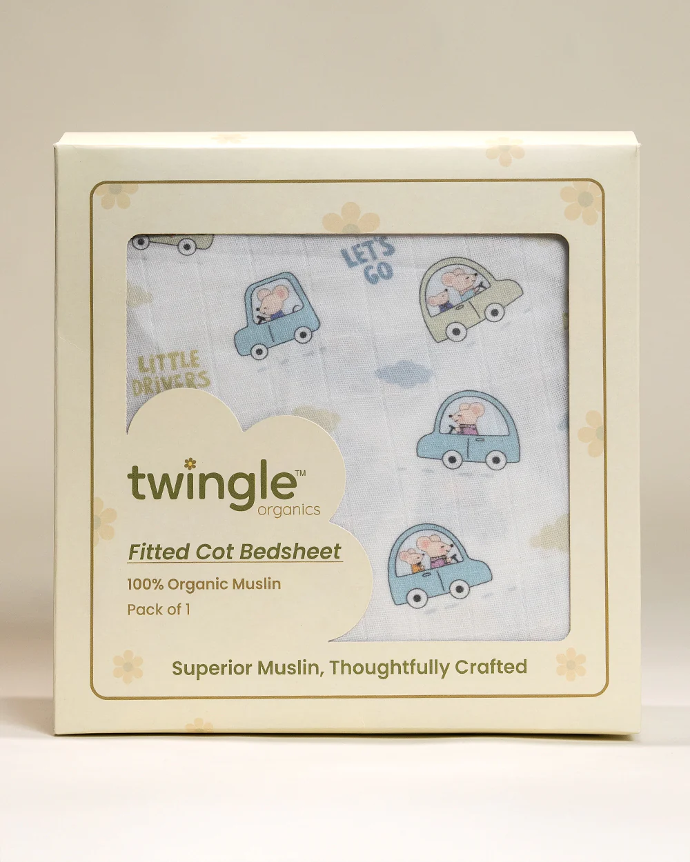 Twingle 100% Organic Muslin Fitted Cot Bedsheet-Generously Sized-Secured All-Round Elastic for Snug Fit-Softens with each Wash-Little Drivers Print-White & Blue-Pack of 1-For Infants - Image 6