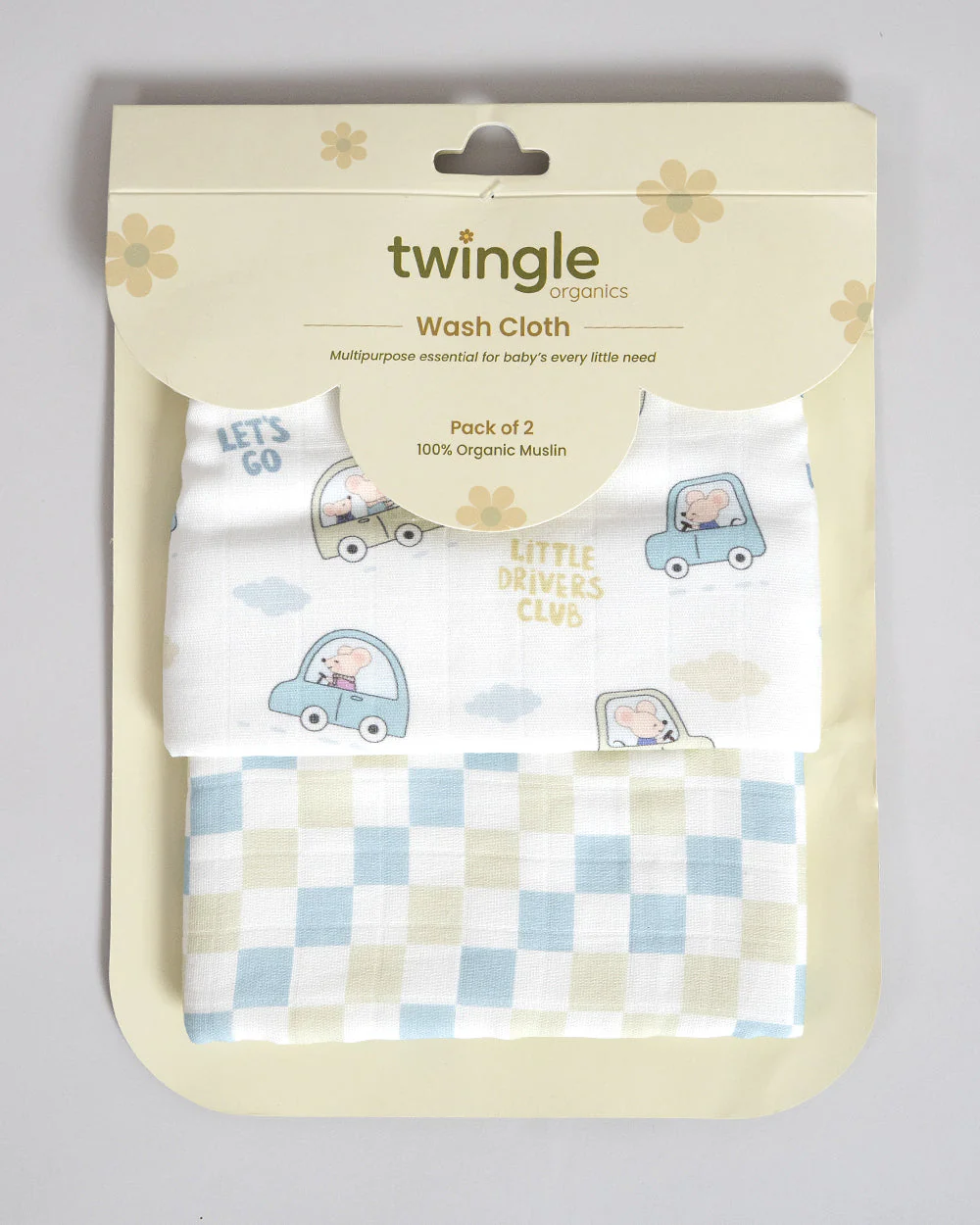 Twingle 100% Organic Muslin Hooded Towel with 2 Face Towels-Gentle on Delicate Skin-Backed by Highly Absorbent Terry-Little Drivers & Checks Print-Pack of 3-For Infants - Image 10