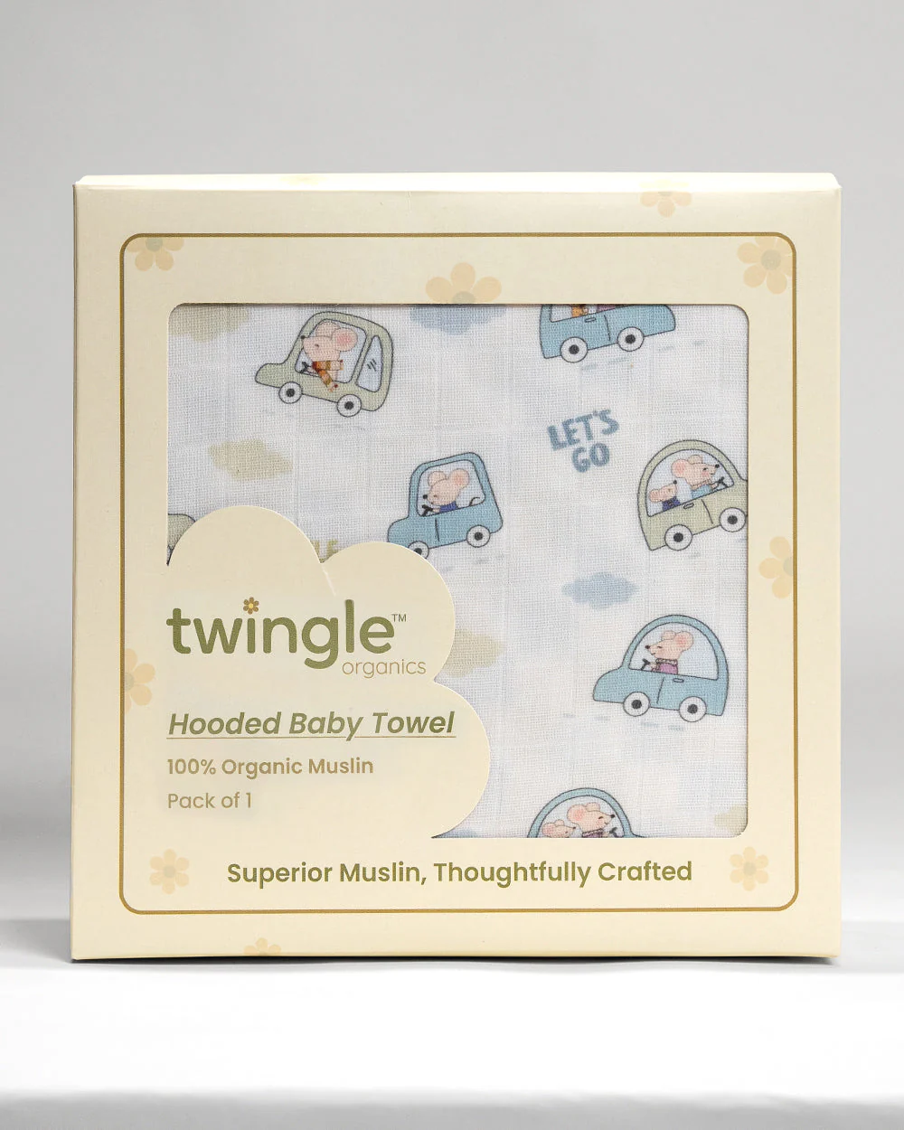 Twingle 100% Organic Muslin Hooded Towel with 2 Face Towels-Gentle on Delicate Skin-Backed by Highly Absorbent Terry-Little Drivers & Checks Print-Pack of 3-For Infants - Image 11