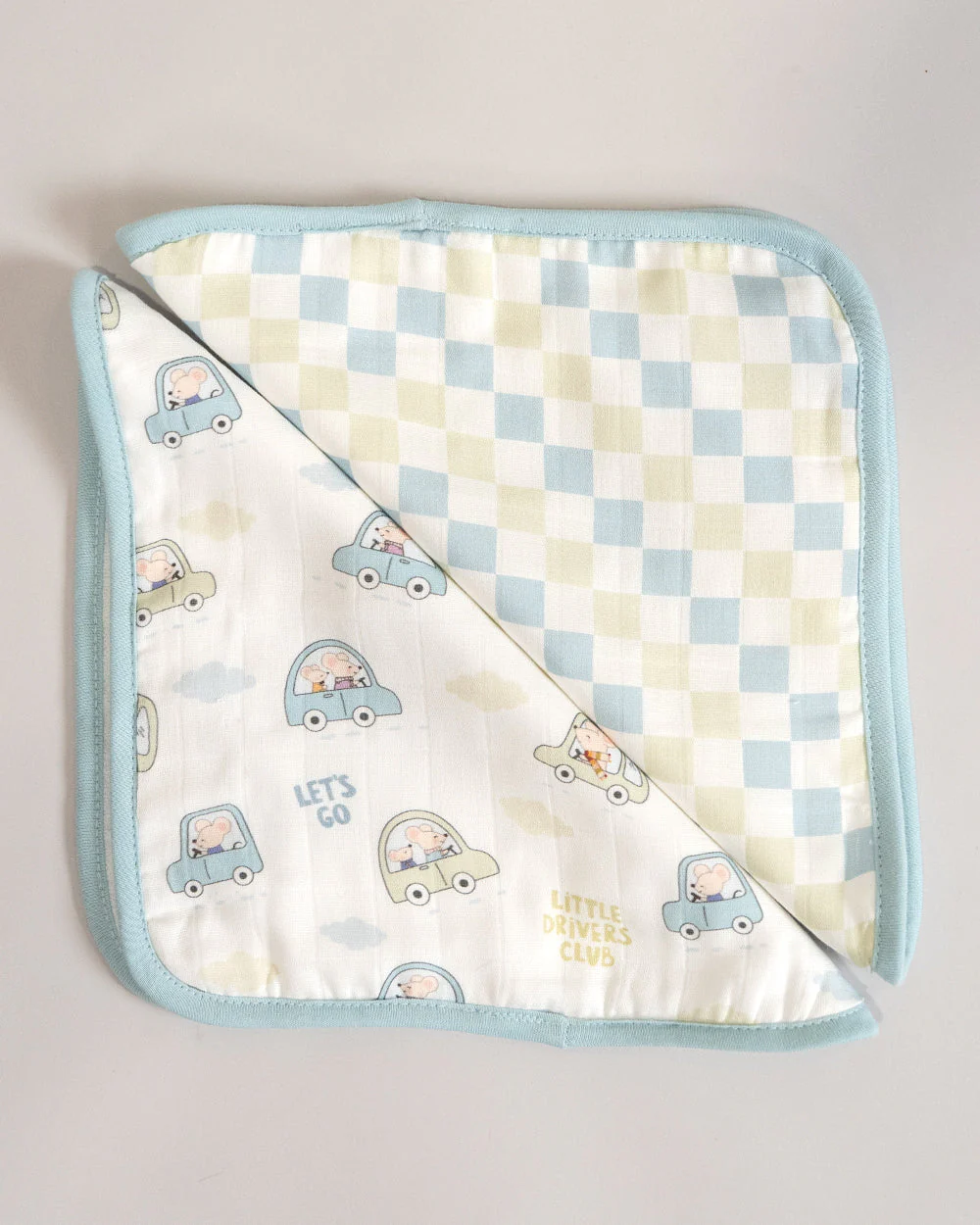 Twingle 100% Organic Muslin Hooded Towel with 2 Face Towels-Gentle on Delicate Skin-Backed by Highly Absorbent Terry-Little Drivers & Checks Print-Pack of 3-For Infants - Image 5