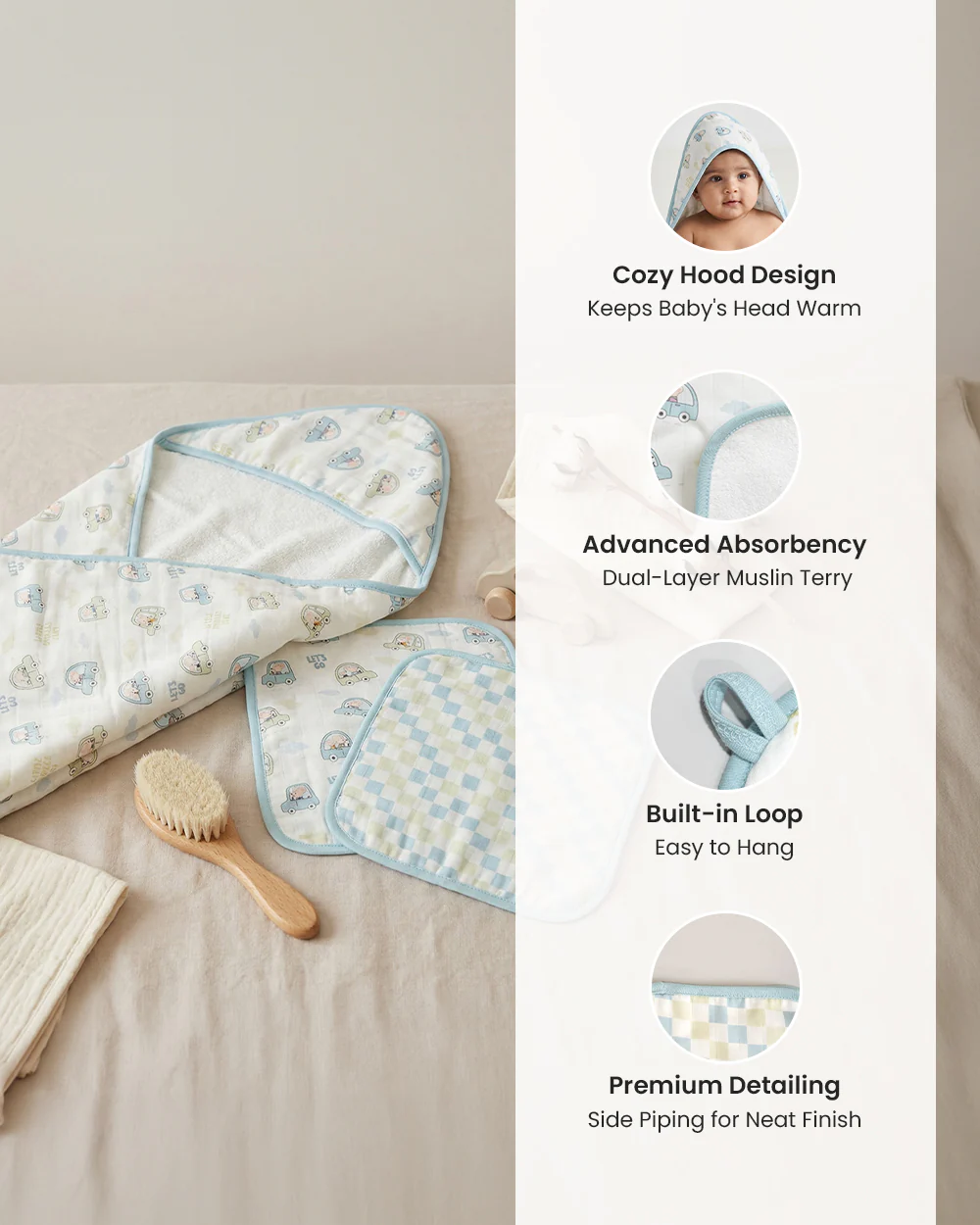 Twingle 100% Organic Muslin Hooded Towel with 2 Face Towels-Gentle on Delicate Skin-Backed by Highly Absorbent Terry-Little Drivers & Checks Print-Pack of 3-For Infants - Image 8