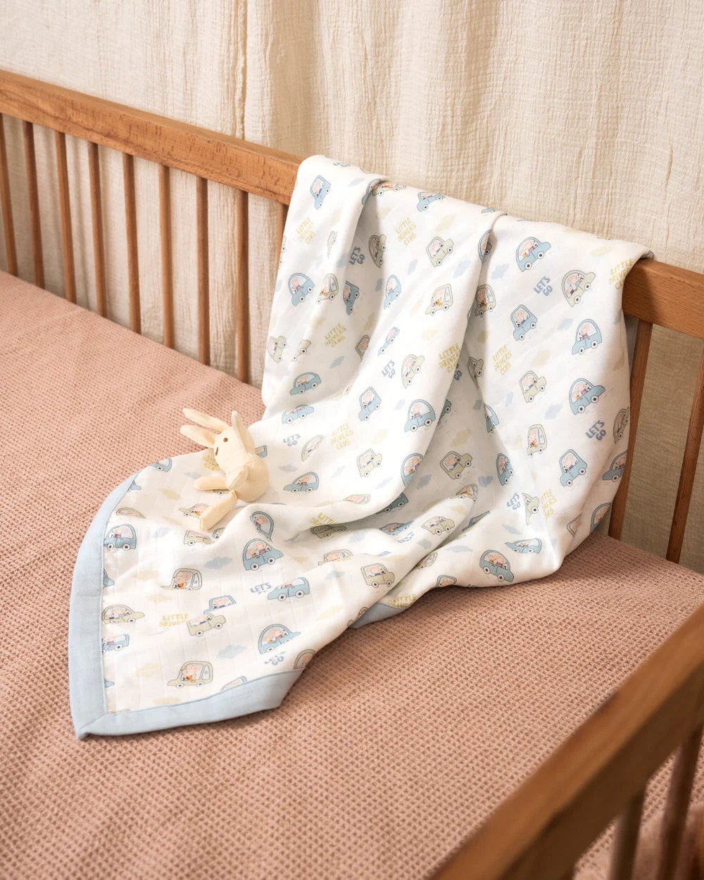 Twingle 100% Organic Muslin Little Drivers Baby Bedding Set-Pack of 5-Reversible Blanket, All-round Elastic Bedsheet, Pillow & Bolsters-Eco Certified Genesta baby safe Inks-White & Blue-For Infants - Image 4