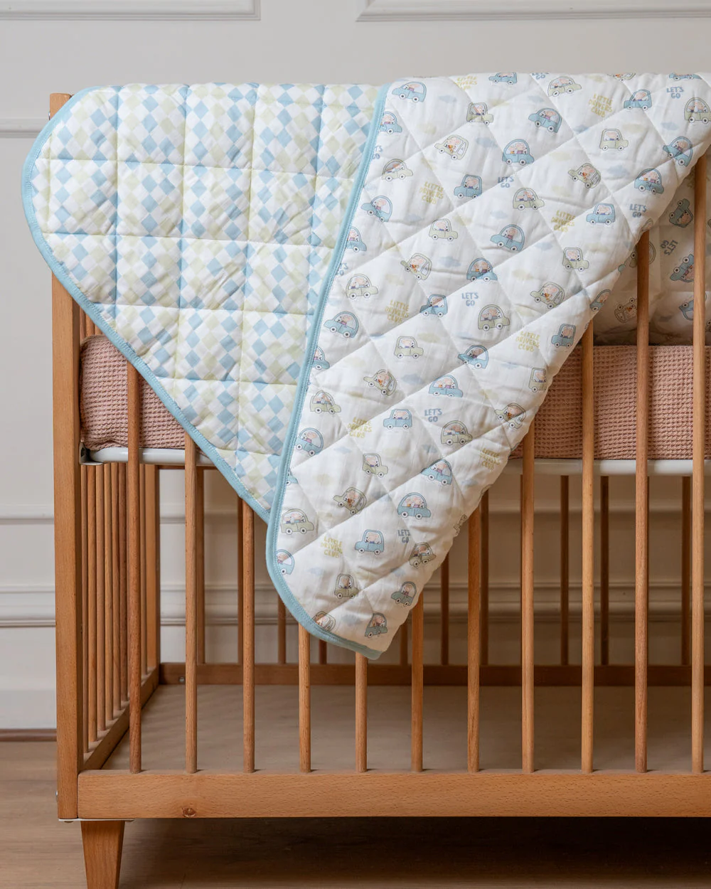 Twingle 100% Organic Muslin Little Drivers Baby Bedding Set-Pack of 5-Reversible Quilt, All-round Elastic Bedsheet, Pillow & Bolsters-Eco Certified Genesta baby safe Inks-White & Blue-For Infants - Image 3