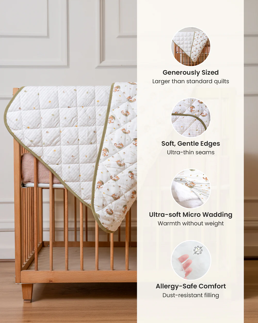 Twingle 100% Organic Muslin Reversible Baby Quilt-High Twist Yarn for Lasting Softness-Eco Certified Genesta Inks for Skin-Safe Prints-Cozy Roars & Autumn Vibes Print-White & Grey-For Infants - Image 3