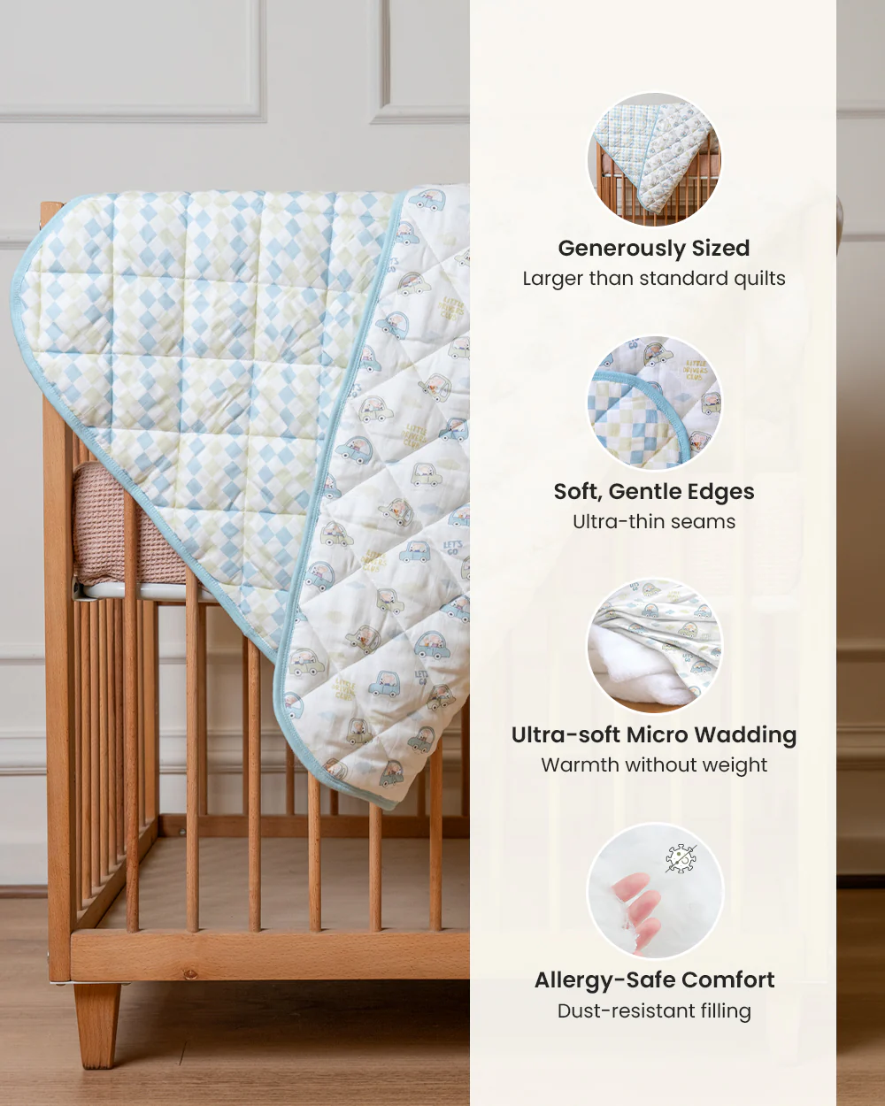 Twingle 100% Organic Muslin Reversible Baby Quilt-High Twist Yarn for Lasting Softness-Eco Certified Genesta Inks for Skin-Safe Prints-Little Drivers & Checkered Chaos Print-White & Blue-For Infants - Image 3