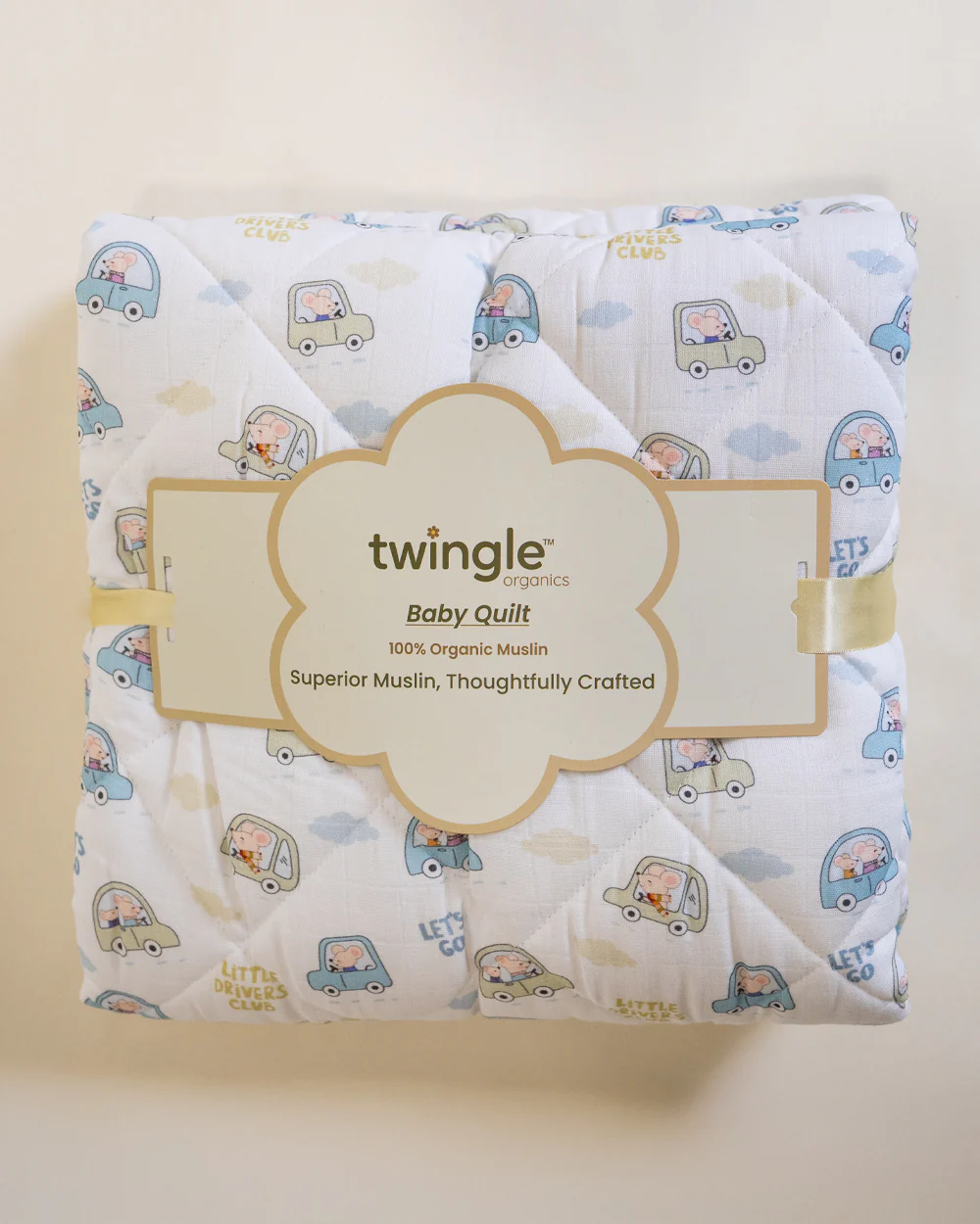 Twingle 100% Organic Muslin Reversible Baby Quilt-High Twist Yarn for Lasting Softness-Eco Certified Genesta Inks for Skin-Safe Prints-Little Drivers & Checkered Chaos Print-White & Blue-For Infants - Image 5