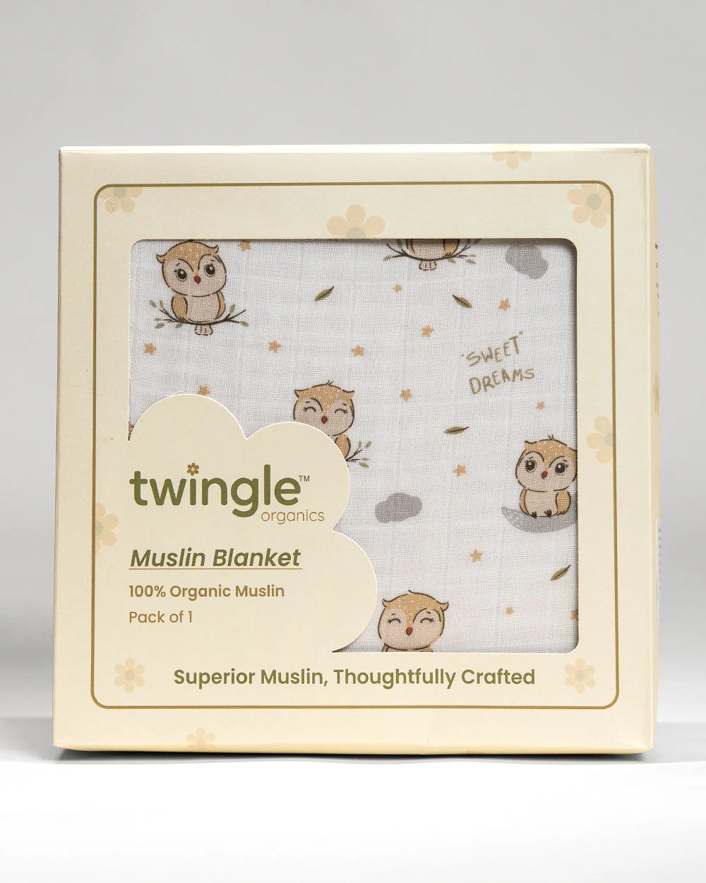 Twingle 100% Organic Muslin Sleepy Owls Baby Bedding Set-Pack of 5-Reversible Blanket, All-round Elastic Bedsheet, Pillow & Bolsters-Eco Certified Genesta baby safe Inks-White & Blue-For Infants - Image 16