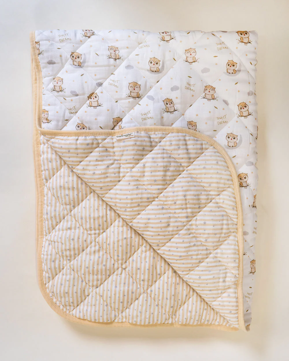Twingle 100% Organic Muslin Sleepy Owls Baby Bedding Set-Pack of 5-Reversible Quilt, All-round Elastic Bedsheet, Pillow & Bolsters-Eco Certified Genesta baby safe Inks-White & Blue-For Infants - Image 2