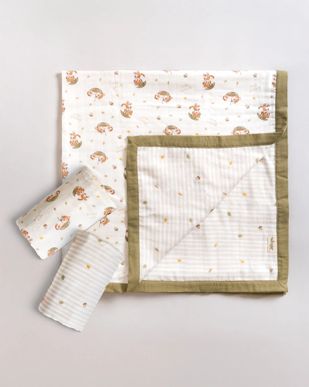 Twingle 100% Organic Muslin Swaddle & Blanket Set-Cozy Roars-Generously Sized Swaddles & 4-Layer Muslin Blanket-All-Season Comfort-White & Light Grey-For Infants