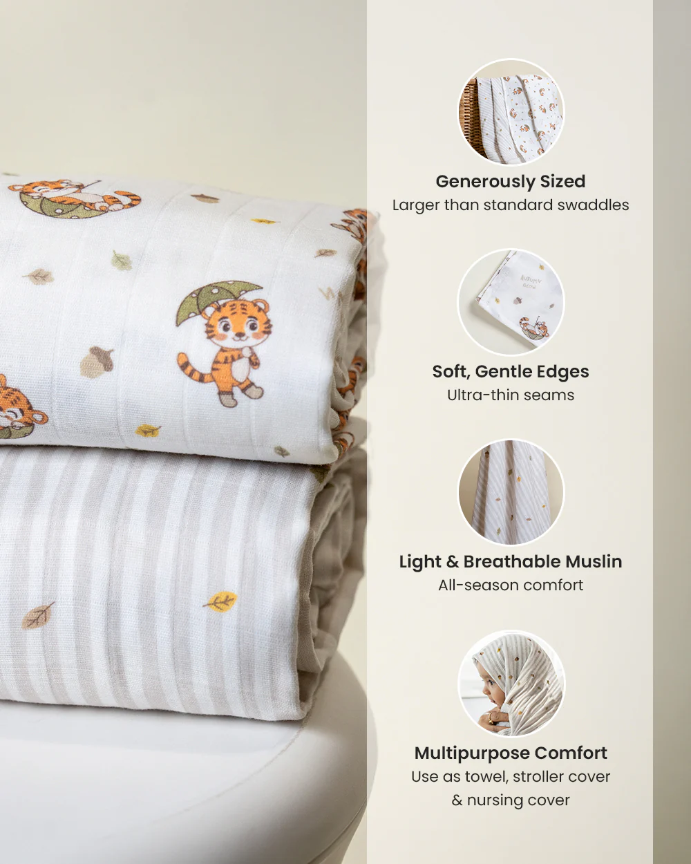 Twingle 100% Organic Muslin Swaddles-Bigger than Standard Swaddles-Supports Natural Airflow-Soft Gentle Edges-Cozy Roars & Autumn Vibes Print-White & Grey-Pack of 2-Infant Wraps - Image 6