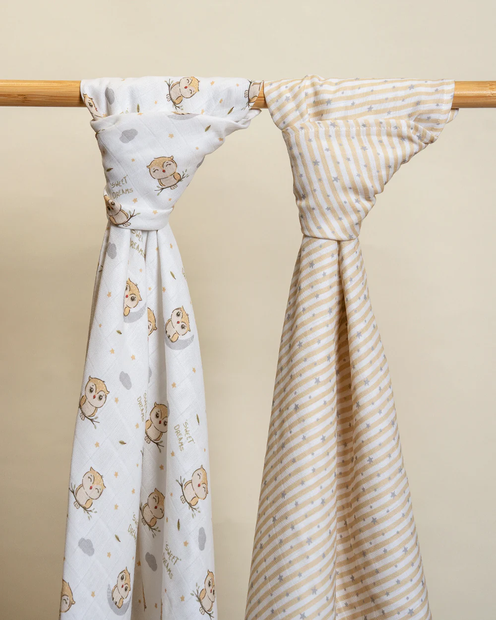 Twingle 100% Organic Muslin Swaddles-Bigger than Standard Swaddles-Supports Natural Airflow-Soft Gentle Edges-Sleepy Owls & Starlight Print-White & Beige-Pack of 2-Infant Wraps - Image 5