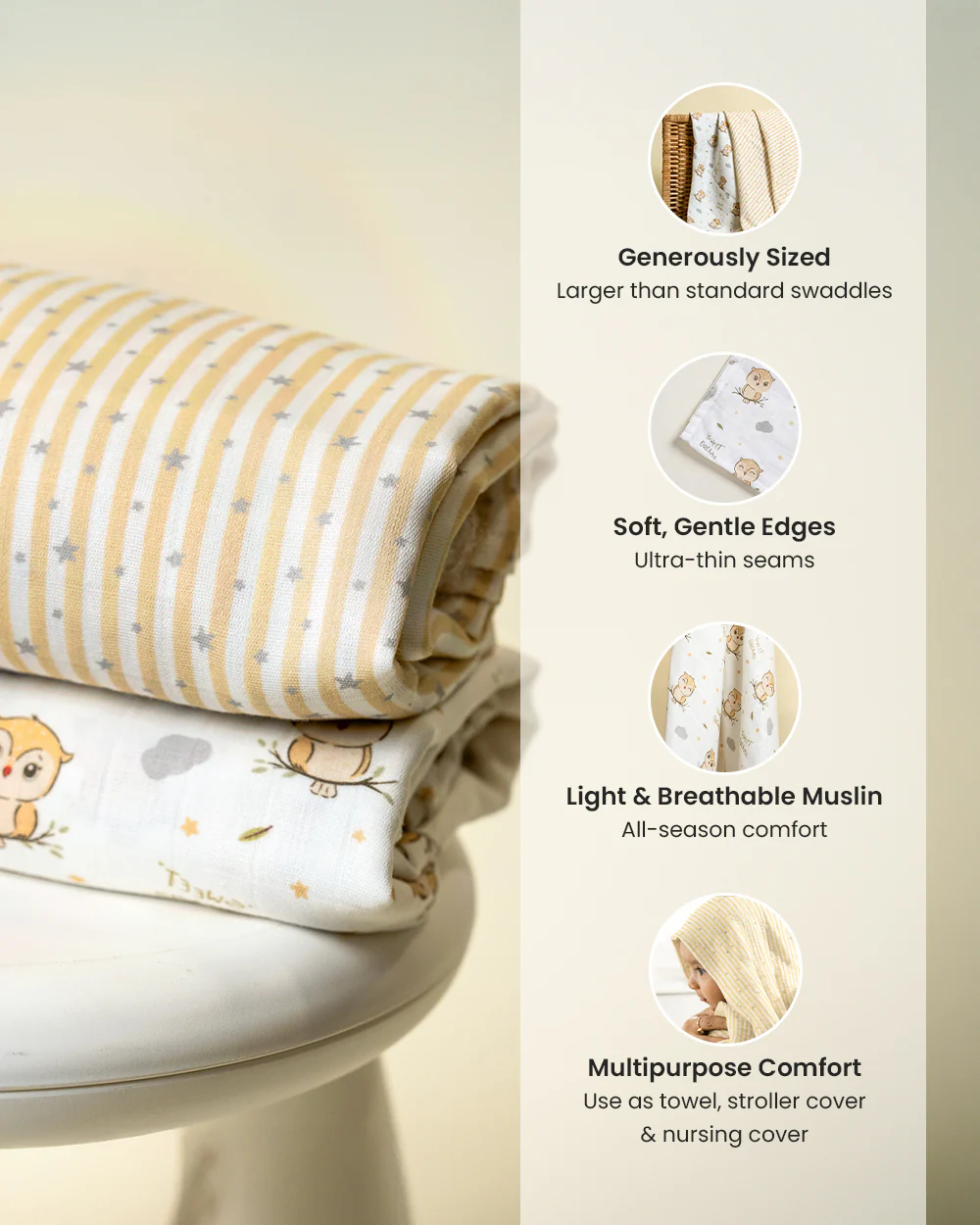 Twingle 100% Organic Muslin Swaddles-Bigger than Standard Swaddles-Supports Natural Airflow-Soft Gentle Edges-Sleepy Owls & Starlight Print-White & Beige-Pack of 2-Infant Wraps - Image 6