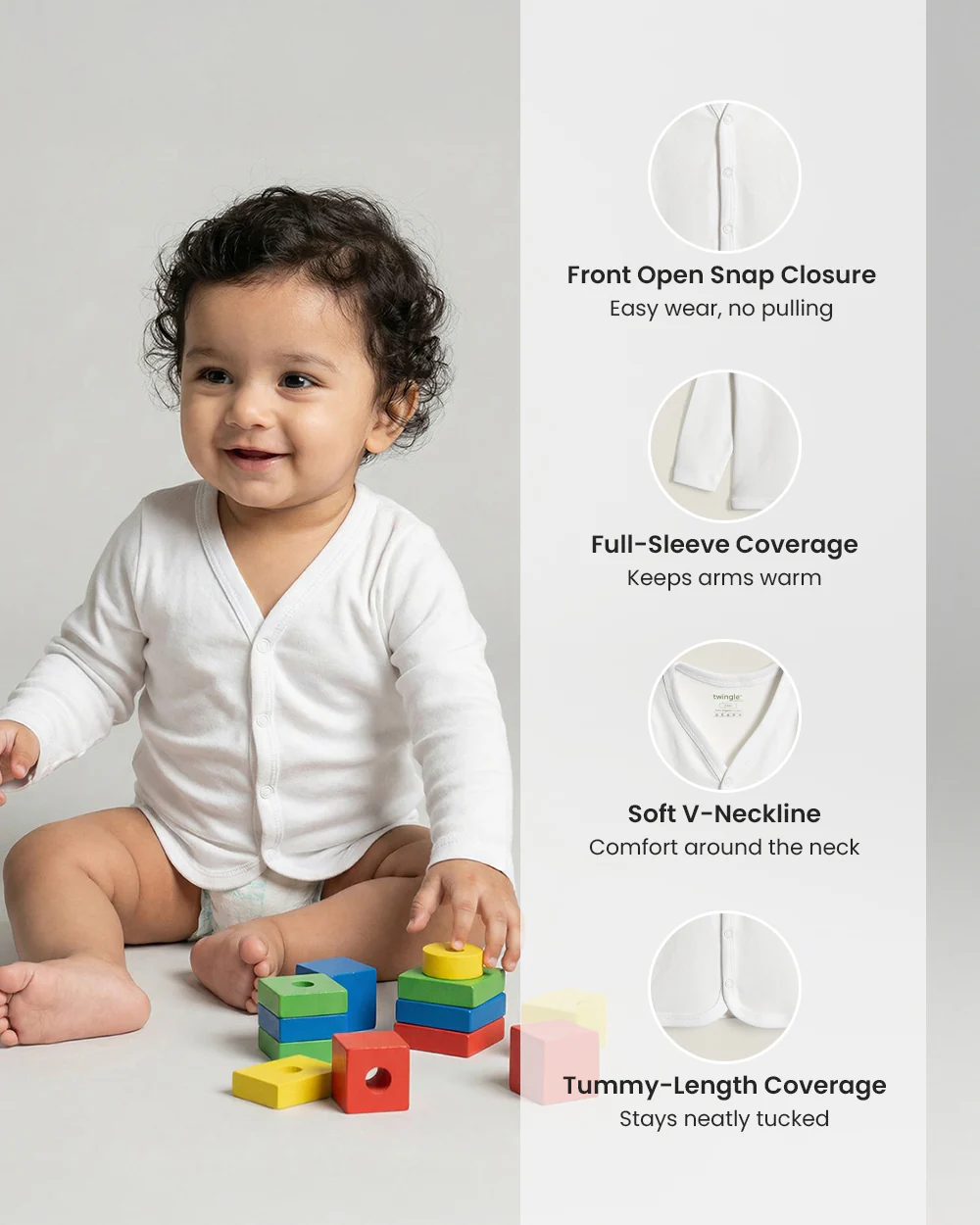 Twingle 100% Organic Cotton Jhabla Vest-Front Snaps for Easy Dressing-No Itchy Neck Tags-Long Sleeves-Solid-White-Pack of 3-For Infants - Image 8