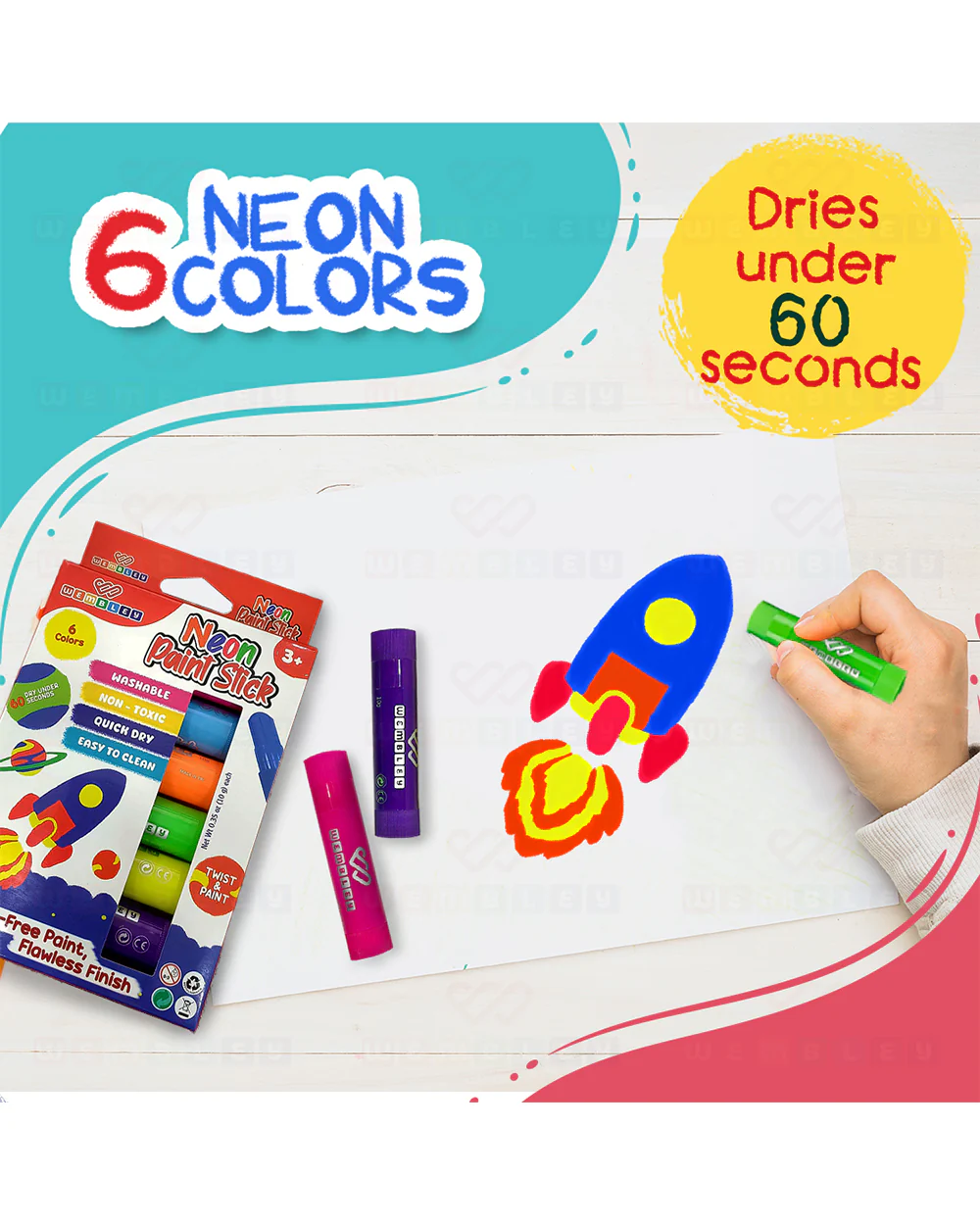 Wembley Neon Paint Stick-Includes 6 Color Sticks-Washable & Quick Dry Paint-3Y+ - Image 2