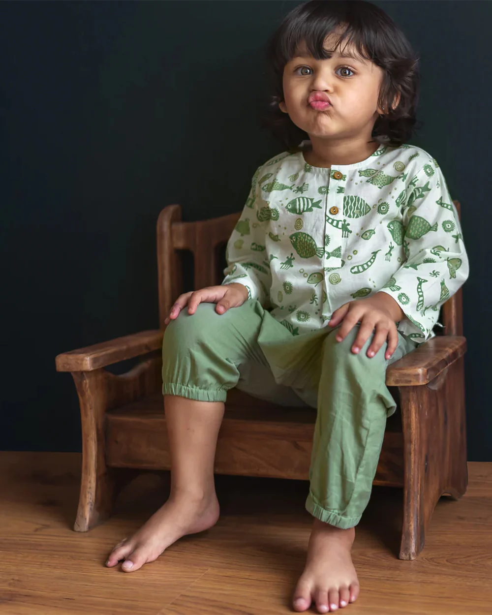 Whitewater Kids Sage Green Jhabla Set-Fish Motifs-100% GOTS Certified Organic Cotton-For Infants - Image 3