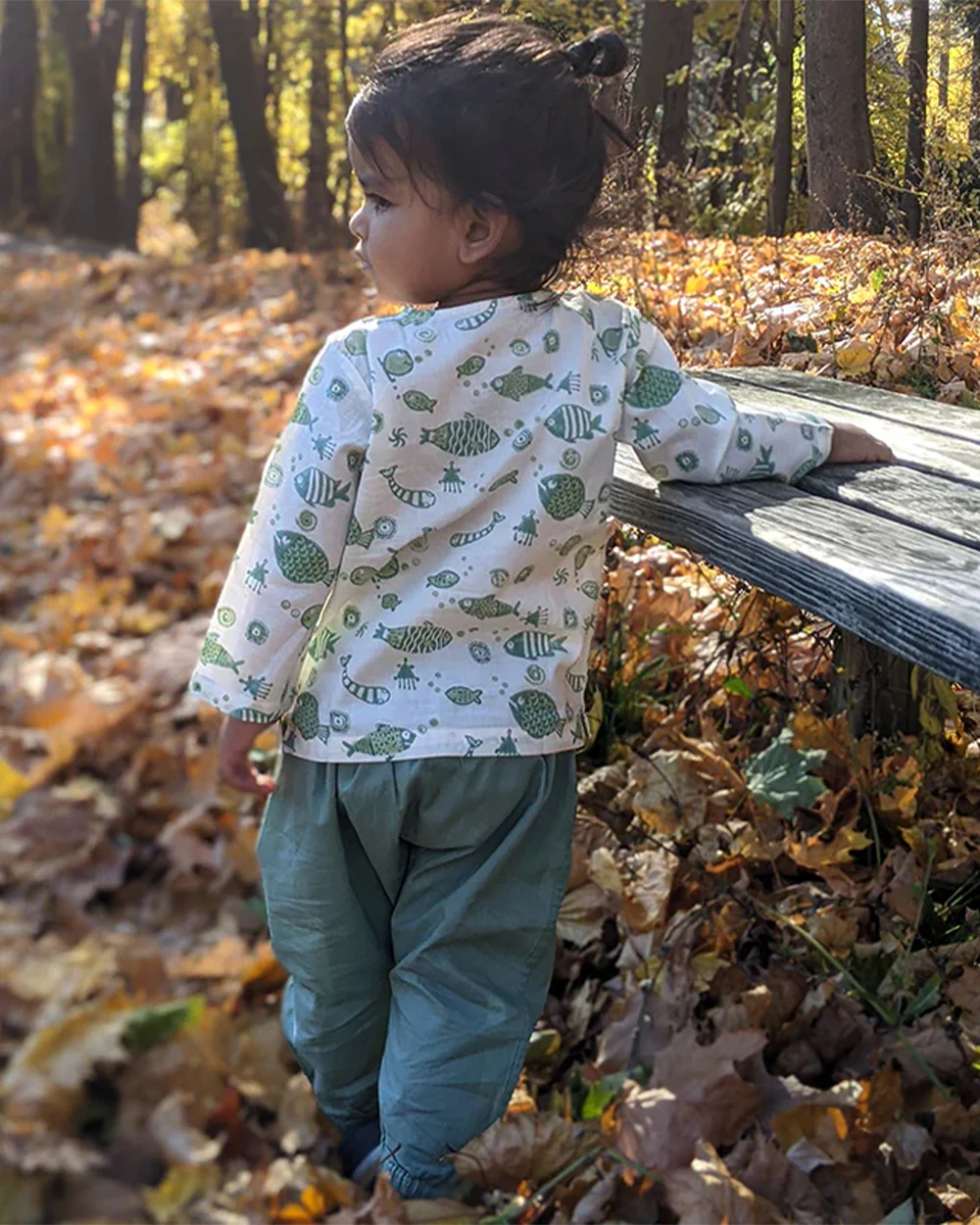 Whitewater Kids Sage Green Jhabla Set-Fish Motifs-100% GOTS Certified Organic Cotton-For Infants - Image 4