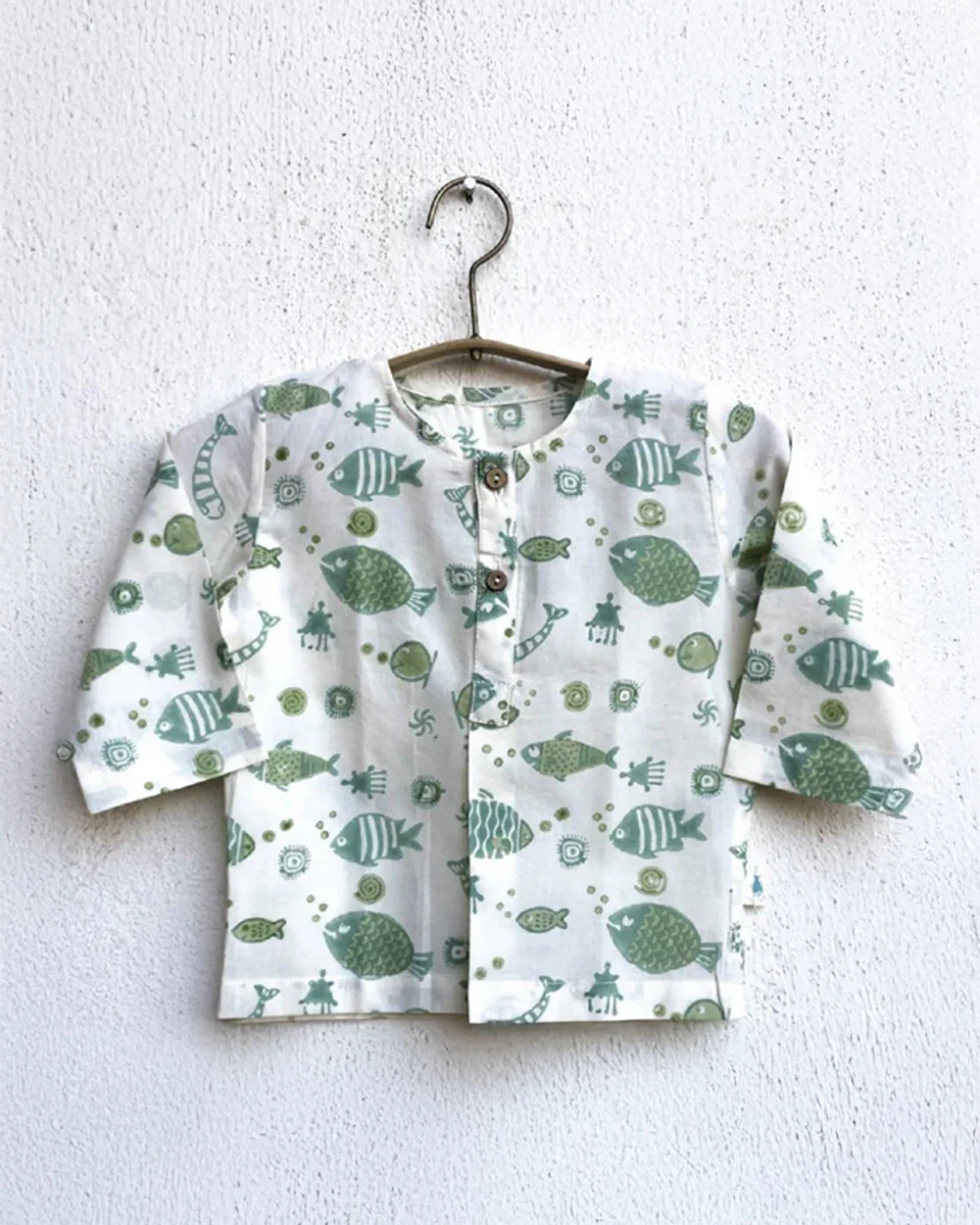 Whitewater Kids Sage Green Jhabla Set-Fish Motifs-100% GOTS Certified Organic Cotton-For Infants - Image 5