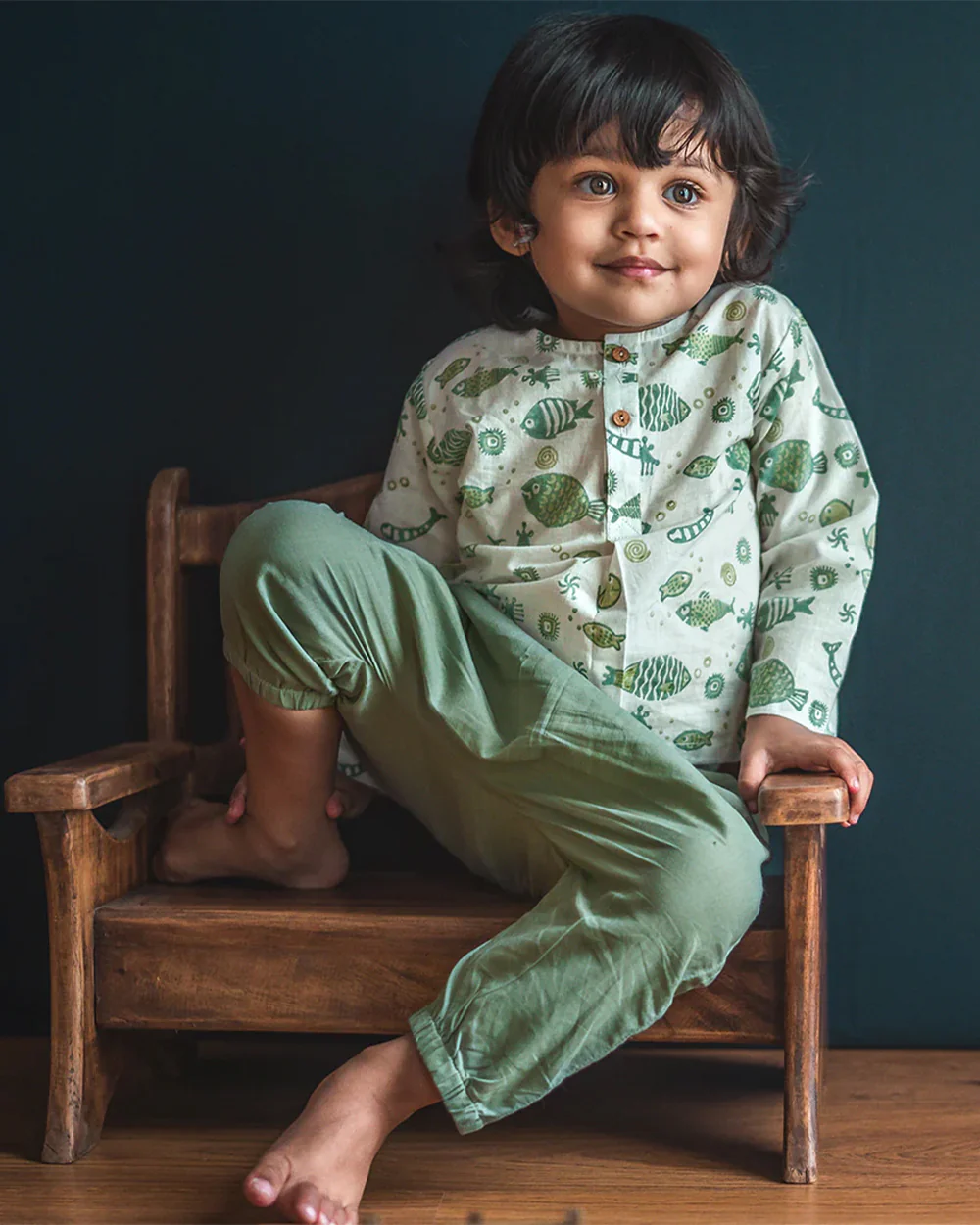 Whitewater Kids Sage Green Jhabla Set-Fish Motifs-100% GOTS Certified Organic Cotton-For Infants - Image 7
