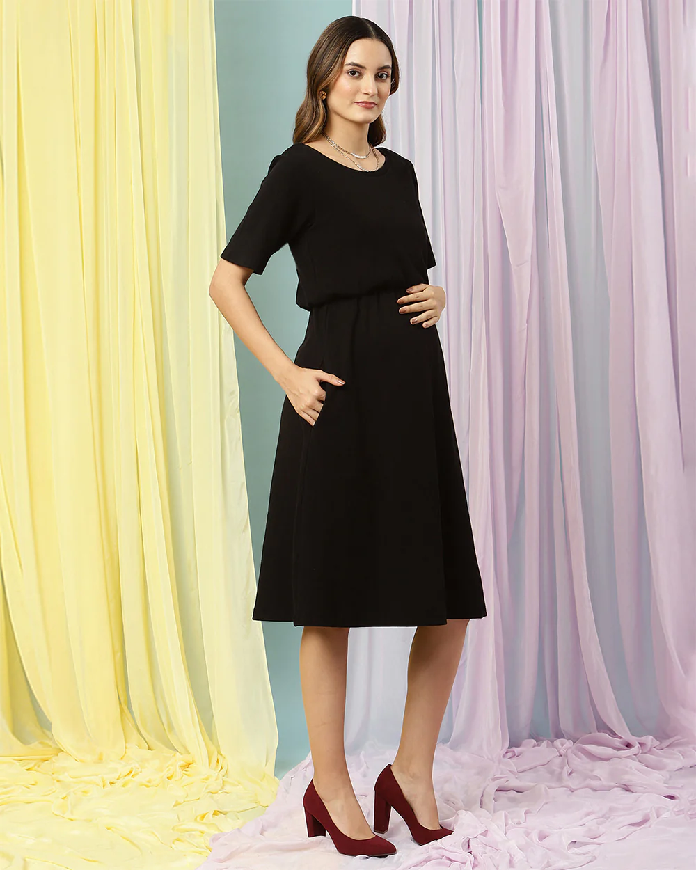 Wobbly Walk Black Maternity Nursing Dress-Round Neck-Solid Color-Cotton-Half Sleeves-Bump Friendly - Image 3