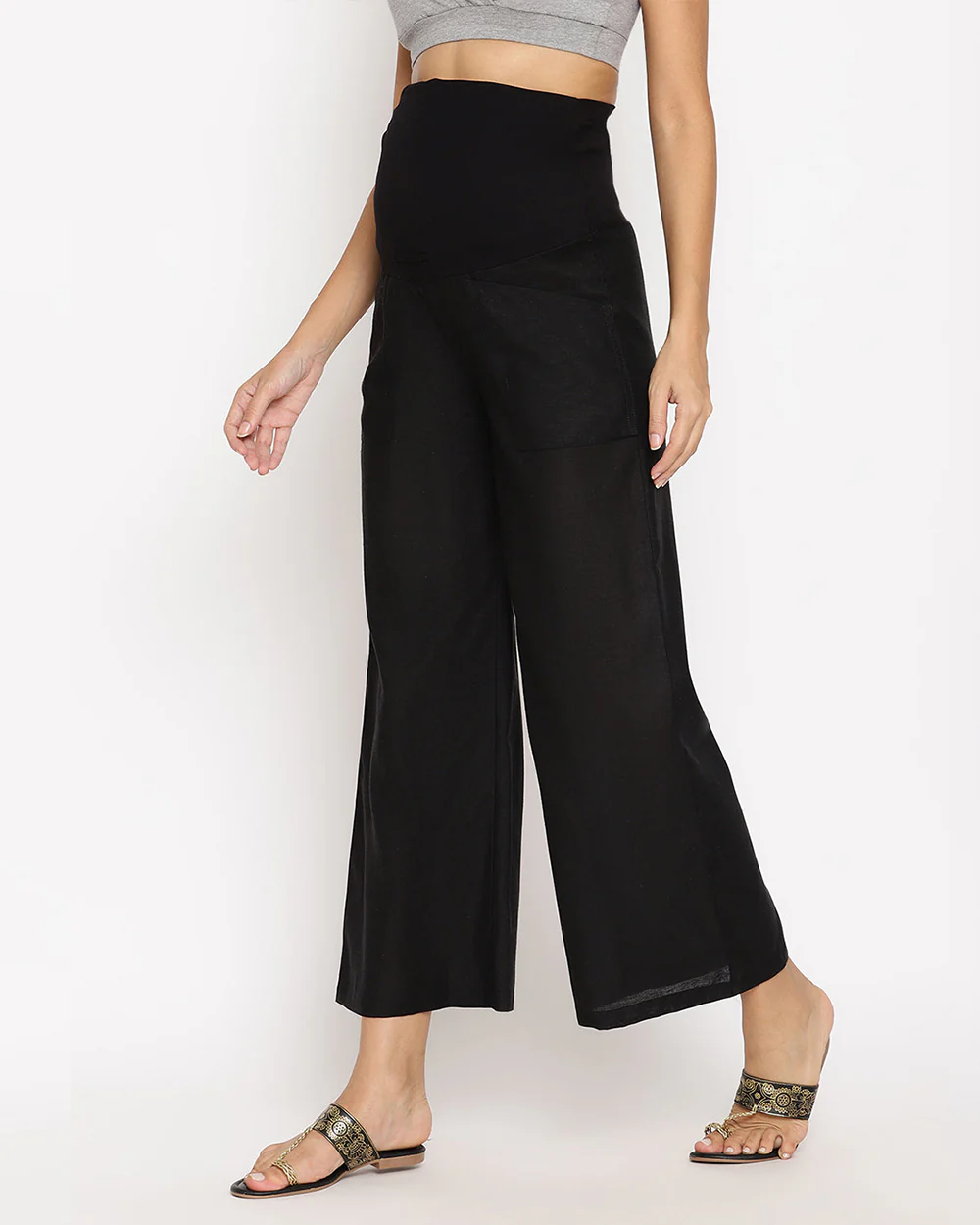 Wobbly Walk Black Maternity Pant-Solid Color-Linen-Loose Fit-Bump Friendly - Image 3