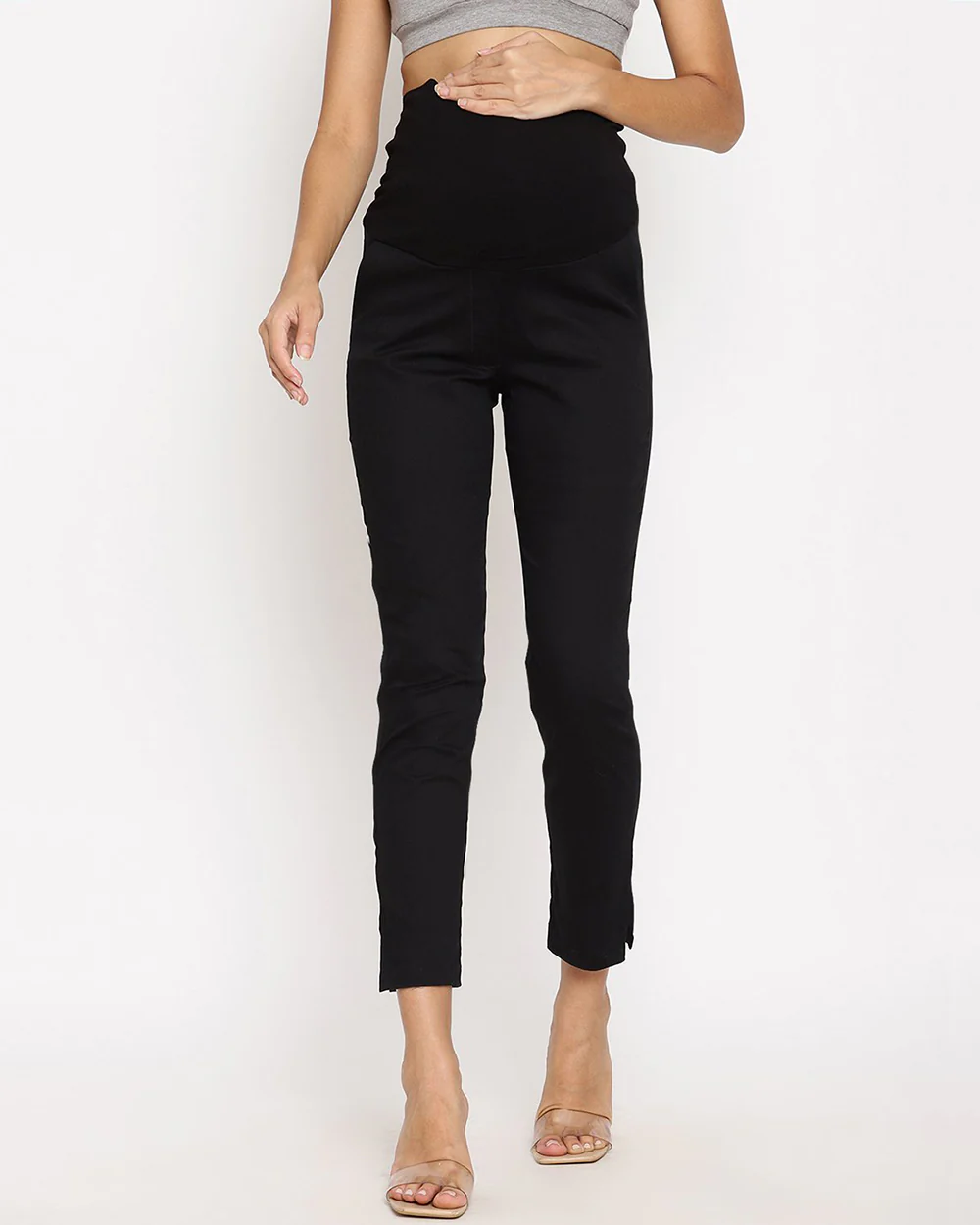 Wobbly Walk Black Maternity Trouser-Solid Color-Poplin Cotton Lycra-Straight Fit-Bump Friendly