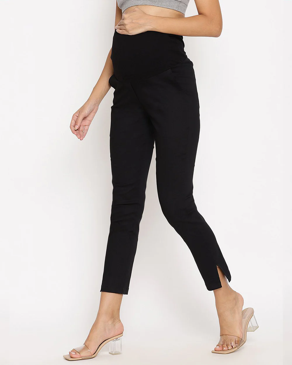 Wobbly Walk Black Maternity Trouser-Solid Color-Poplin Cotton Lycra-Straight Fit-Bump Friendly - Image 3