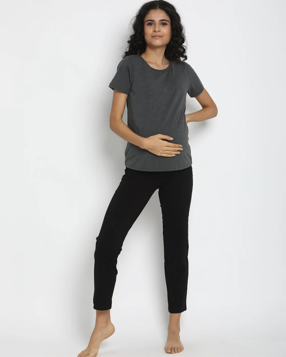 Wobbly Walk Black Maternity Yoga Pant-Solid Color-French-Terry-Straight Fit-Bump Friendly - Image 3