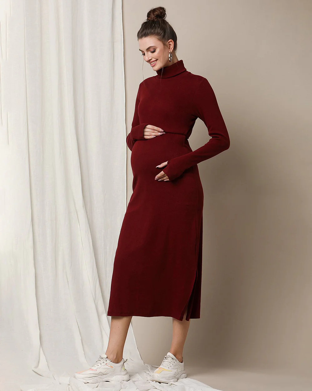 Wobbly Walk Burgundy Maternity Nursing Dress-High Neck-Solid Color-Cotton-Bump Friendly - Image 3