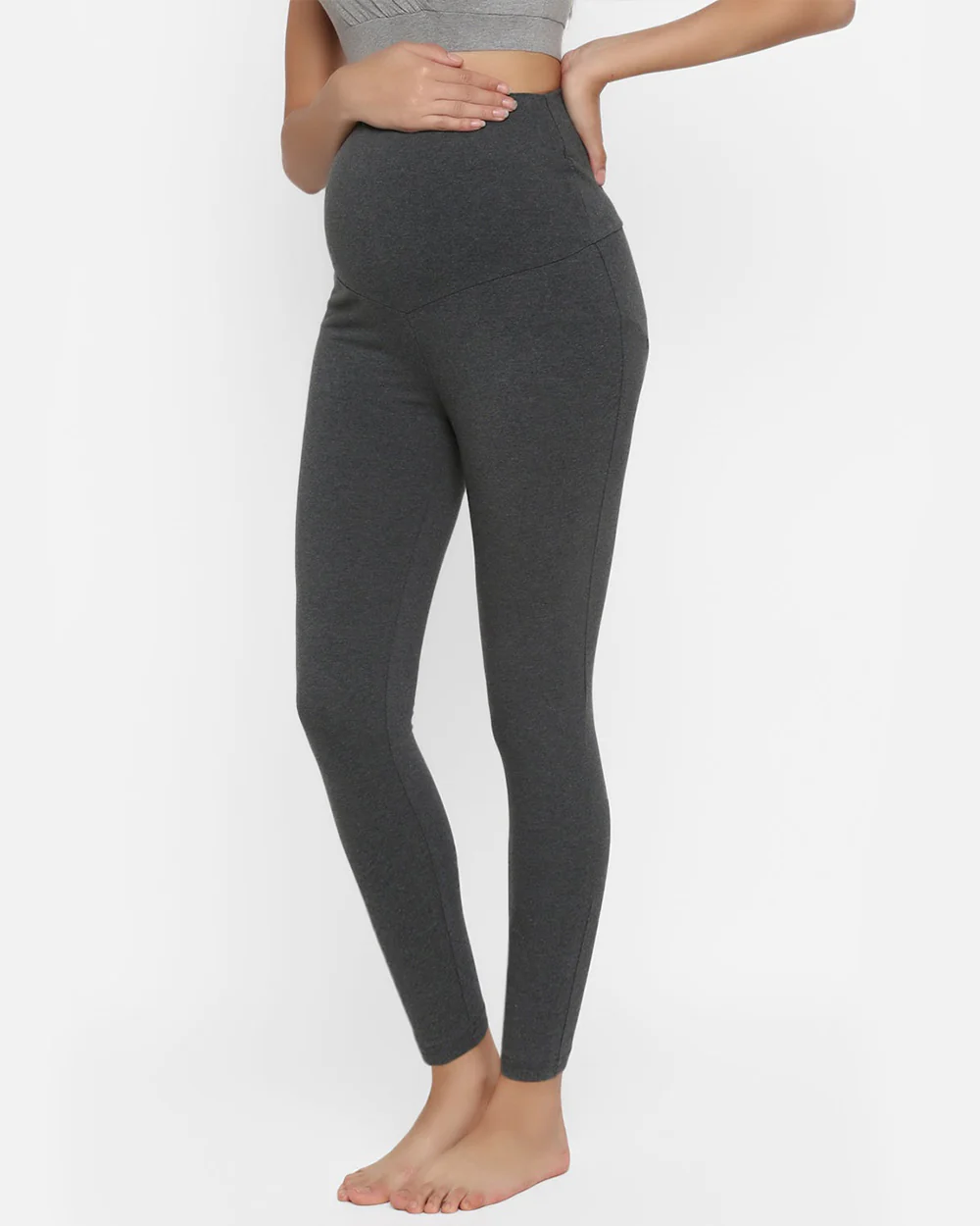 Wobbly Walk Dim Grey Maternity Leggings-Solid Color-Cotton Lycra-Skinny Fit-Bump Friendly - Image 5