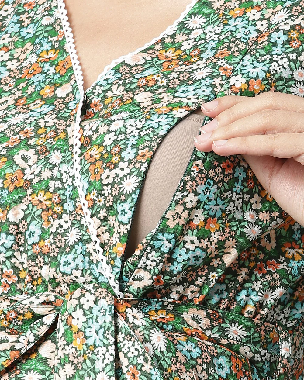 Wobbly Walk Green Maternity Nursing Dress-Surplice neck-Floral Print-Cotton Viscose-Bump Friendly - Image 4