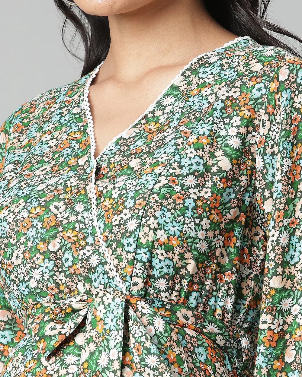 Wobbly Walk Green Maternity Nursing Dress-Surplice neck-Floral Print-Cotton Viscose-Bump Friendly - Image 5